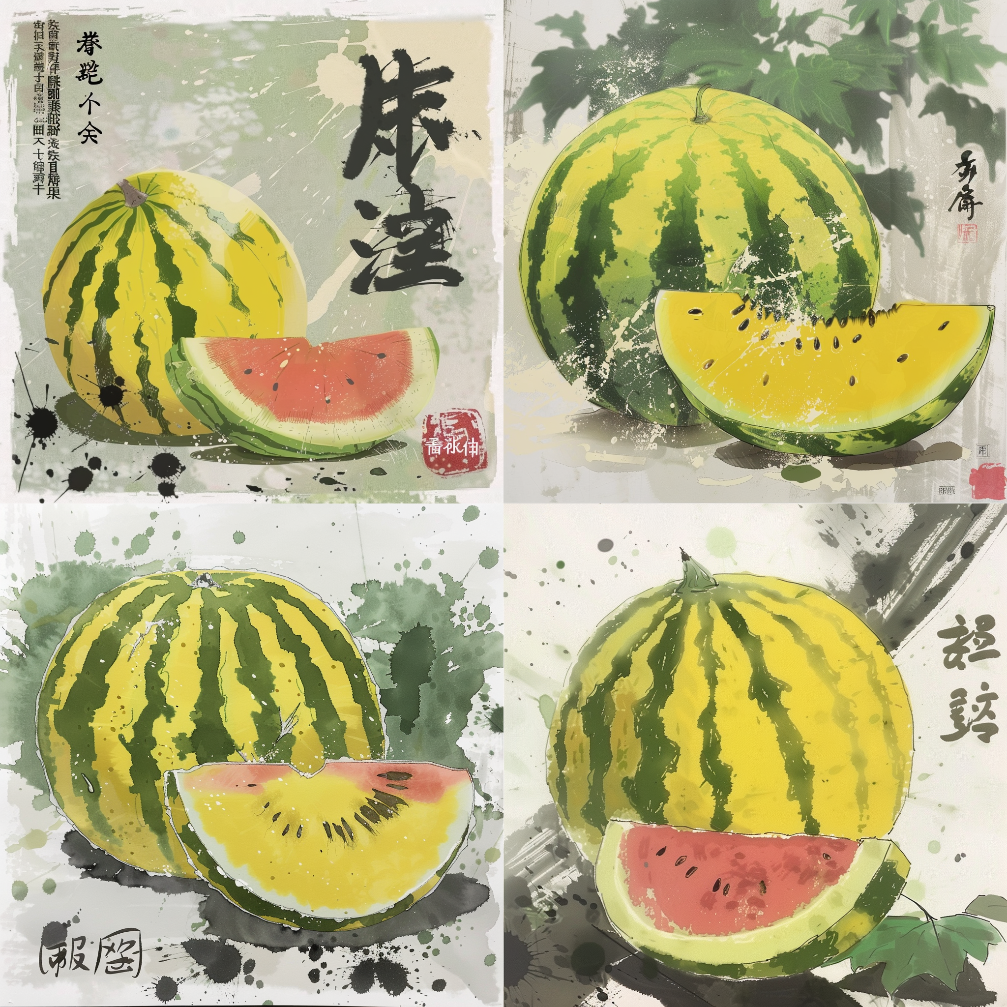 完整西瓜和切半，淡黄色截面，白色背景，水墨画风，细节清晰，高饱和度，正中构图，静态，清新。