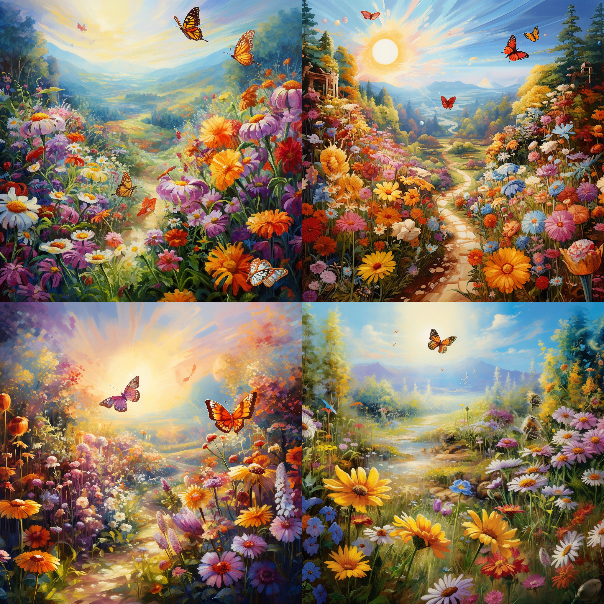 五彩缤纷的花园，蜜蜂和蝴蝶在其中飞舞。行人们路过，欣赏着这丰富多彩的景色。阳光明媚，为场景投下温暖而生动的光线。氛围宁静祥和，完美展现了大自然的美丽与和谐。鲜花，蜜蜂，蝴蝶，阳光，行人，和谐，宁静，明媚，花园。