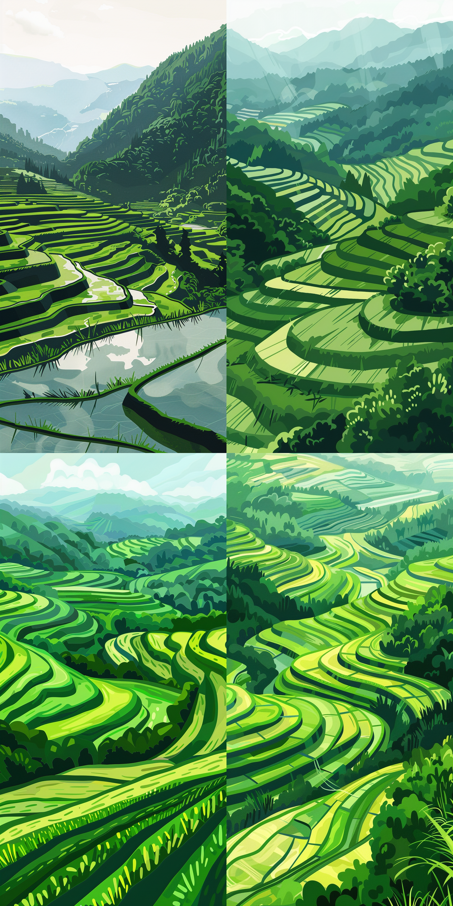 绿色，农耕，春天，水稻田，，明亮，高级灰，矢量插画风格，水田，简约，色块 二维插图 长焦拍摄