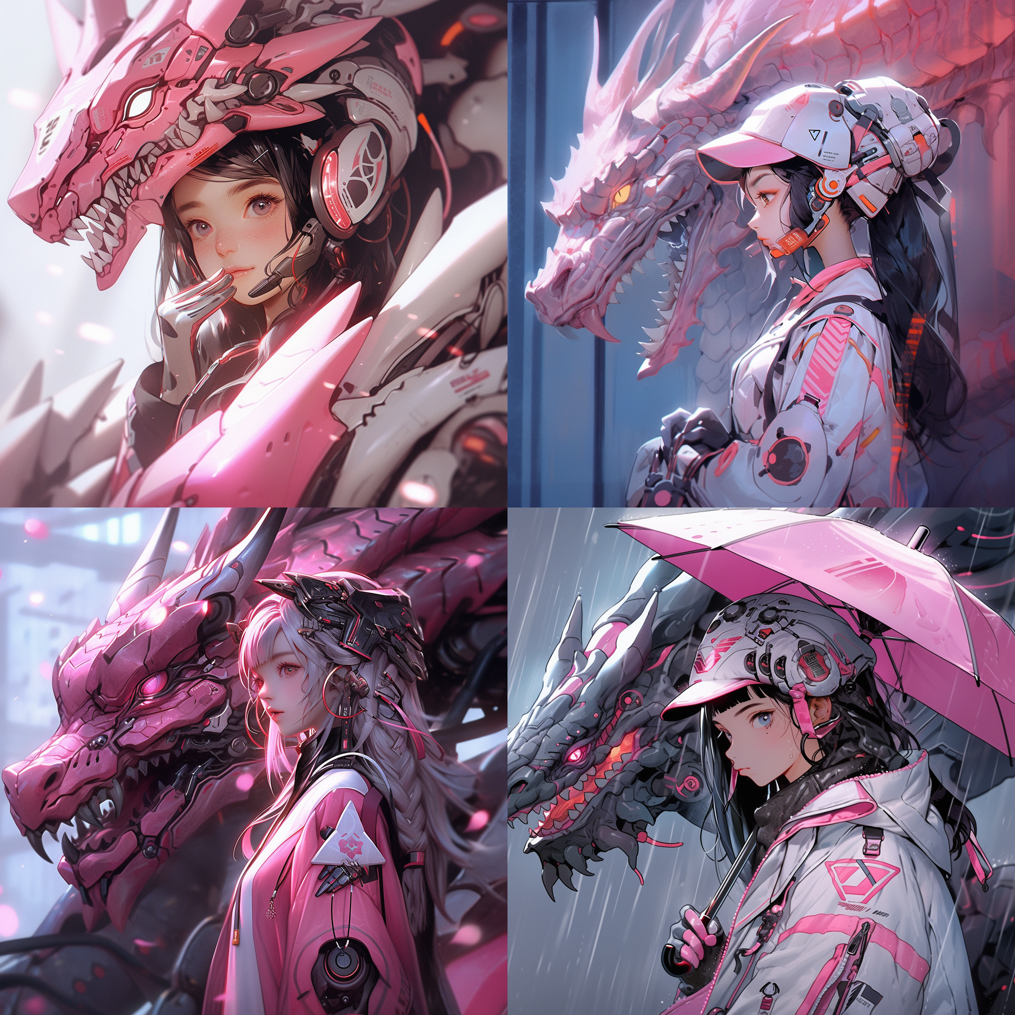 18岁美少女，前面是粉色机器龙，赛博朋克，半透明沉浸感，未来机器人，紧张特写，8k，32k超高清，细节艺术，酷炫姿势，服装时尚。
