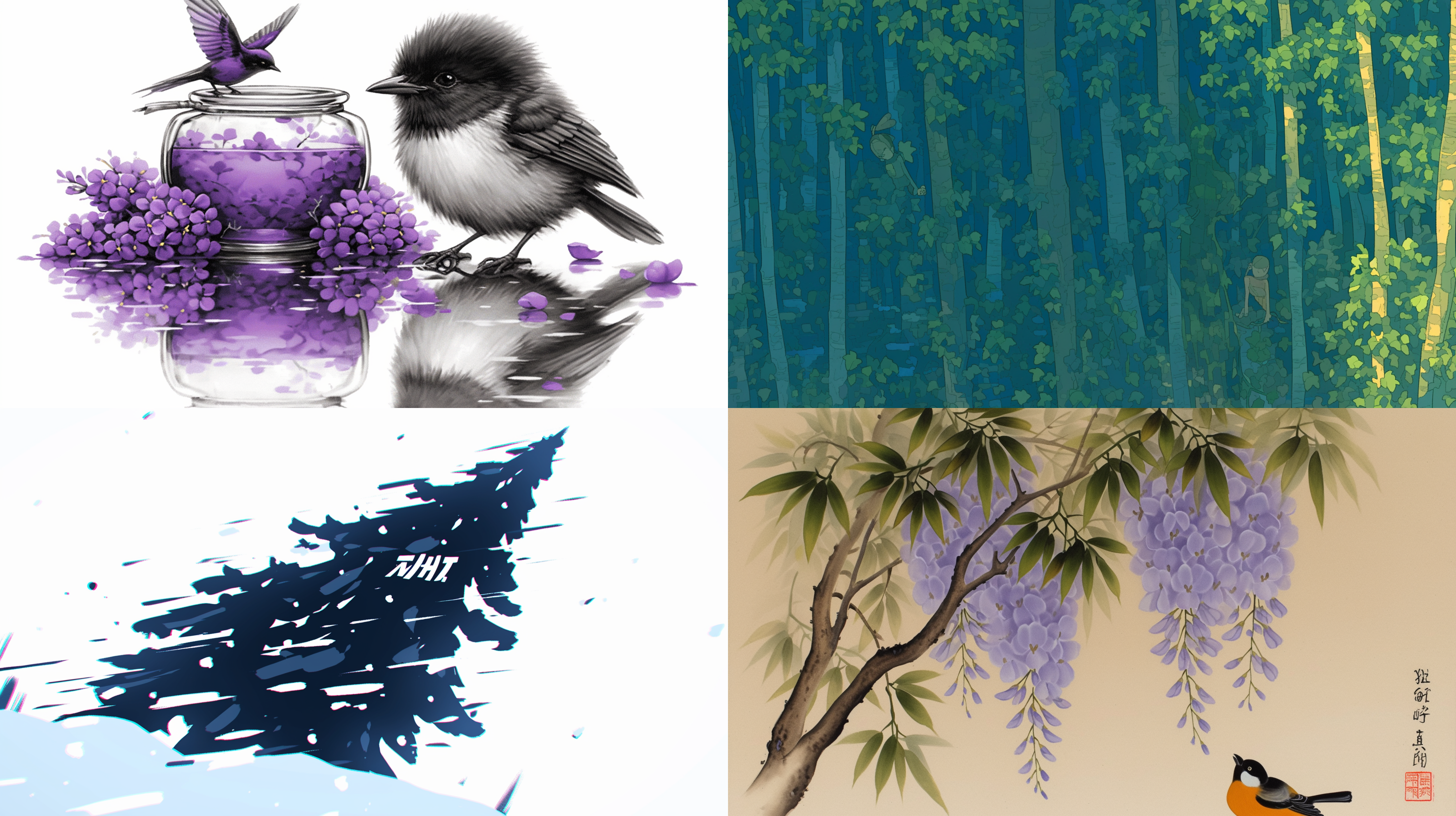 draw a chinese painting with the ink style of wisteria and swallows. pay attention to leaving white space in the composition and high-definition details, 油画棒 油画