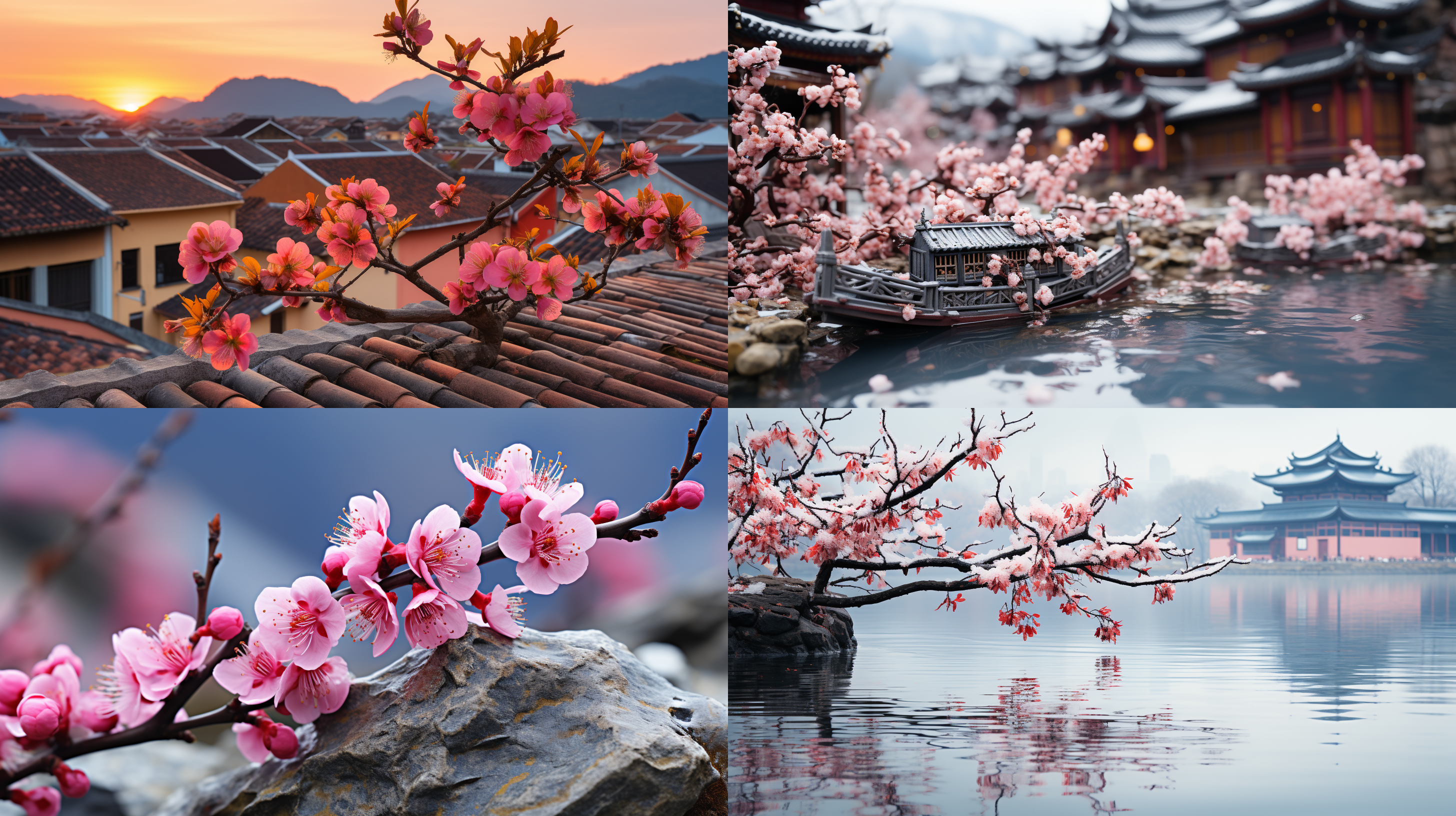 take a picture. in the close shot, the peach blossom is peeped out from the wall. there are dew on the peach blossom petals, jiangnan scenery, traditional buildings, soft light, macro lens, static, delicate, natural color, warm.