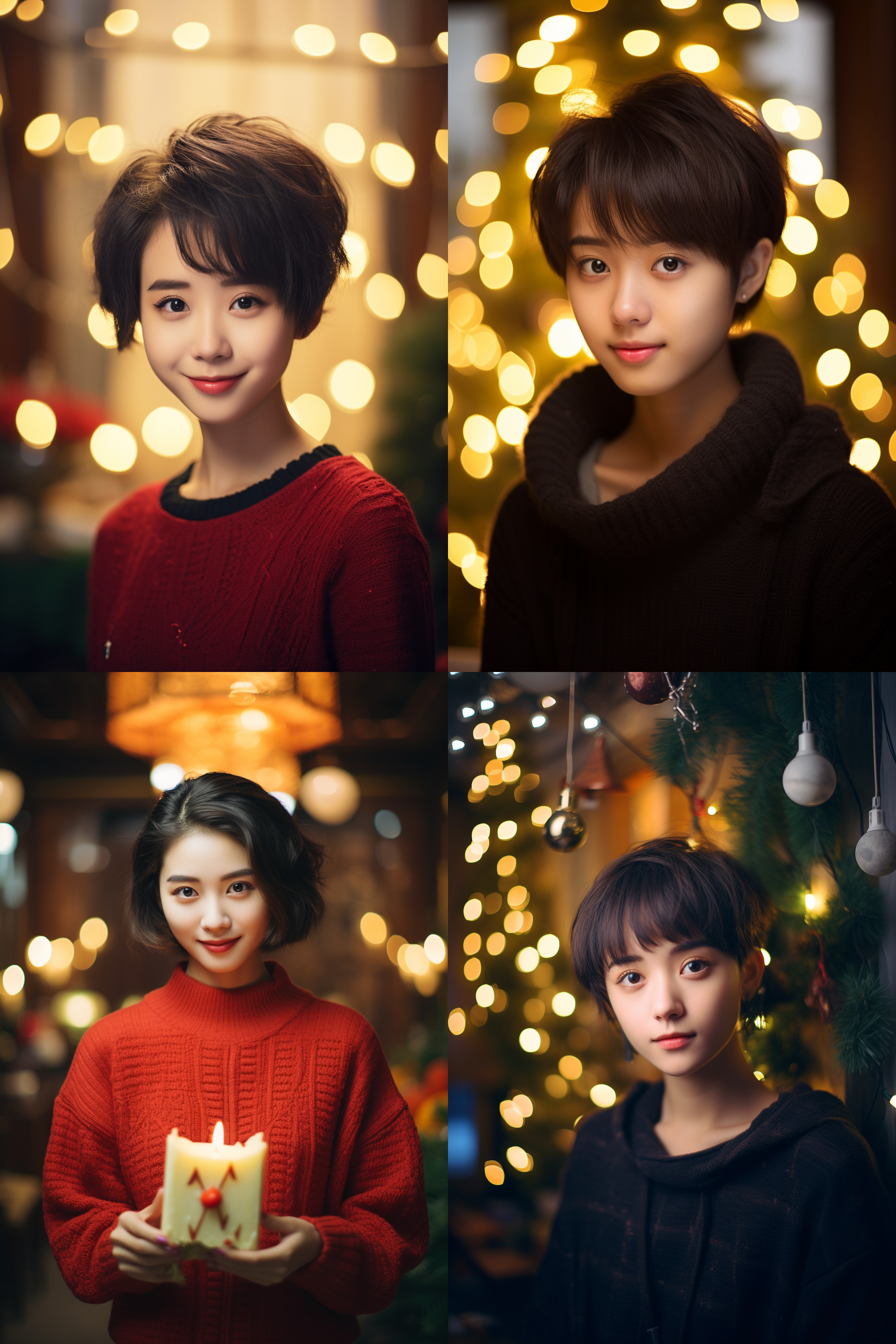 中国短发女孩，圣诞氛围，明亮环境，超高清，肖像模式，室内拍摄，暖色调，50mm定焦镜头，自然光，微笑，喜悦。