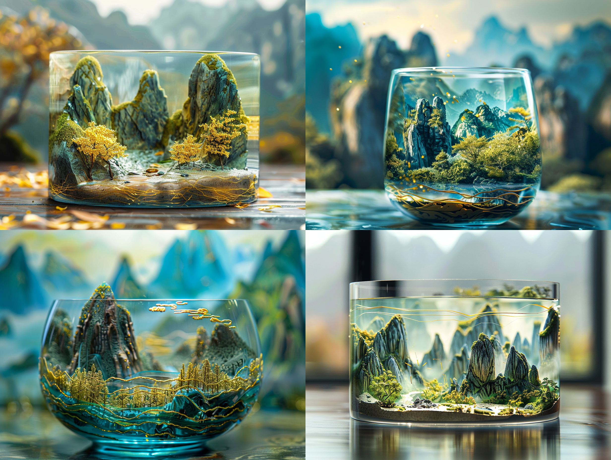 miniature landscape, chinese landscape, in a glass, 3d stereo effect of the mountain, blue and green color scheme, gold lines, natural light,ray particle,panoramic composition, blurred foreground, ultra hd,8k