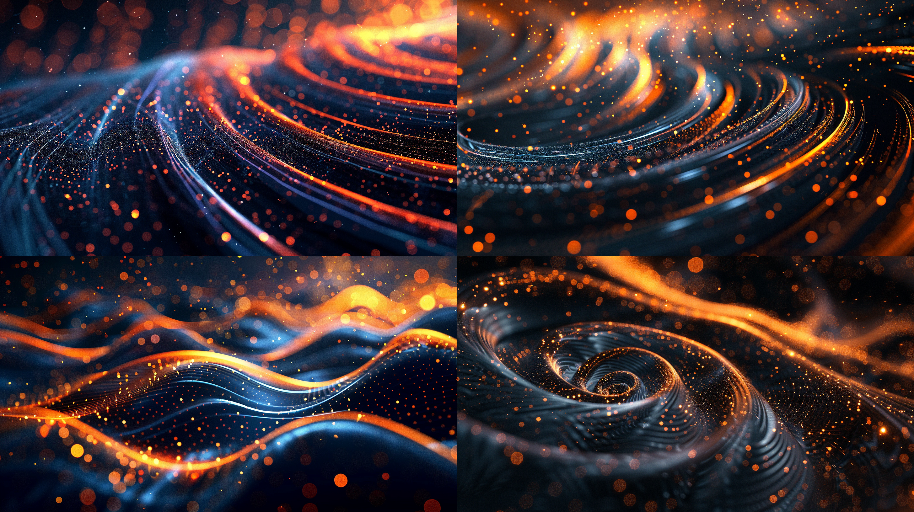high-tech background with flowing lines and stars, dark indigo and orange, data visualization, tilt-shift lens, spirals and curves, hd