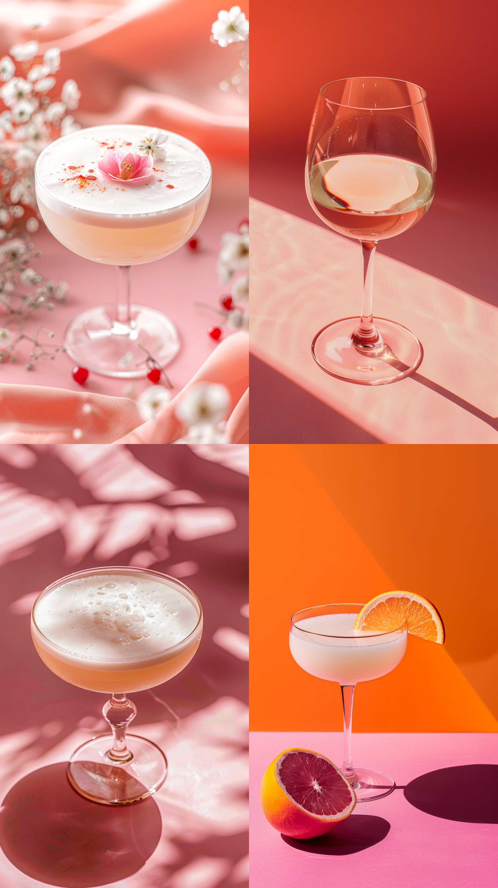 white drink in glass, on a pink surface, in the style of botanical abundance, orange, minimalistic elements, macro photography, mediterranean-inspired, uhd image, berrypunk