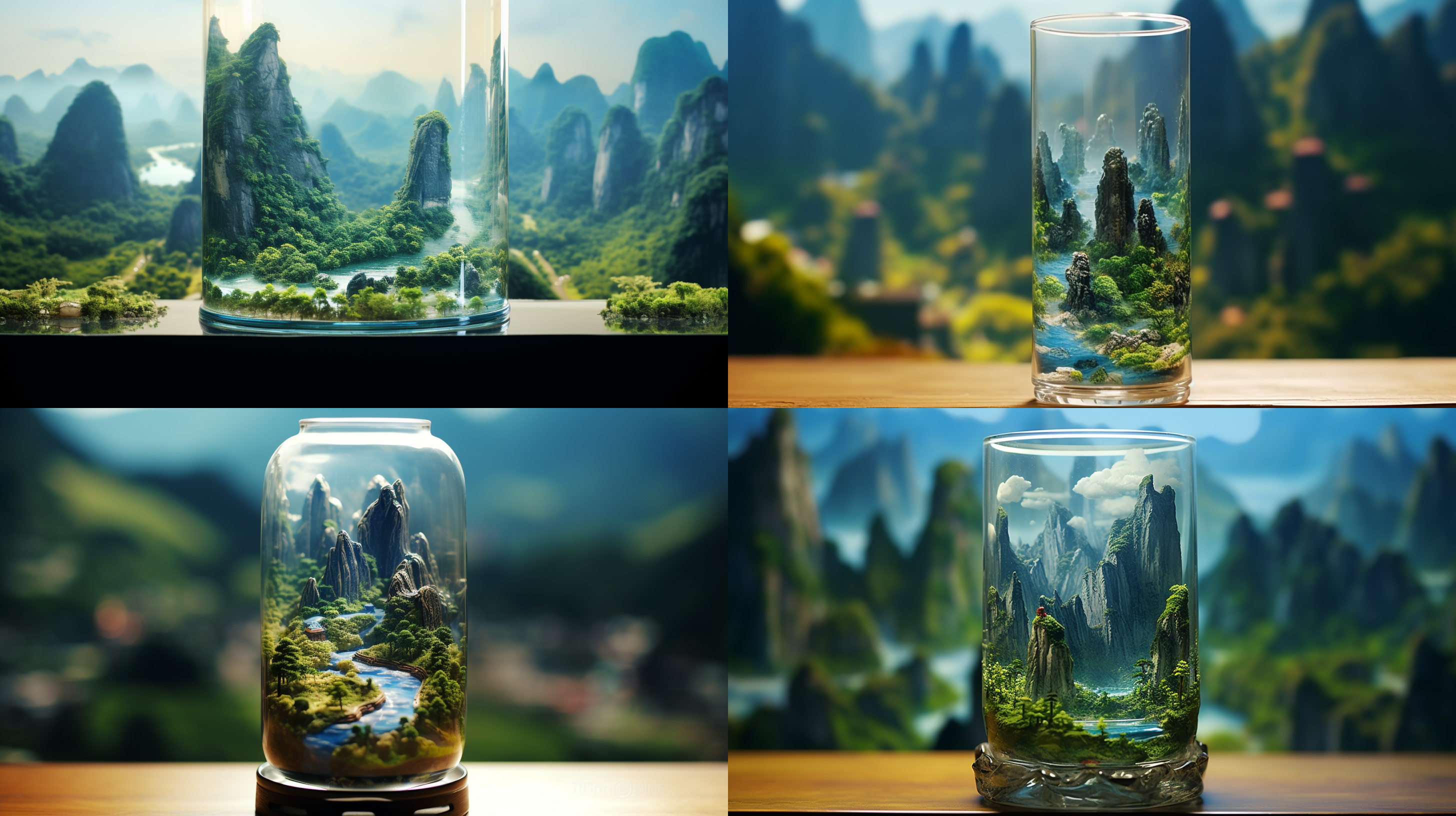 miniature landscape, chinese landscape, in a glass, 3d stereo effect of the mountain, blue and green color scheme, gold lines, natural light, panoramic composition, blurred foreground, ultra hd,8k