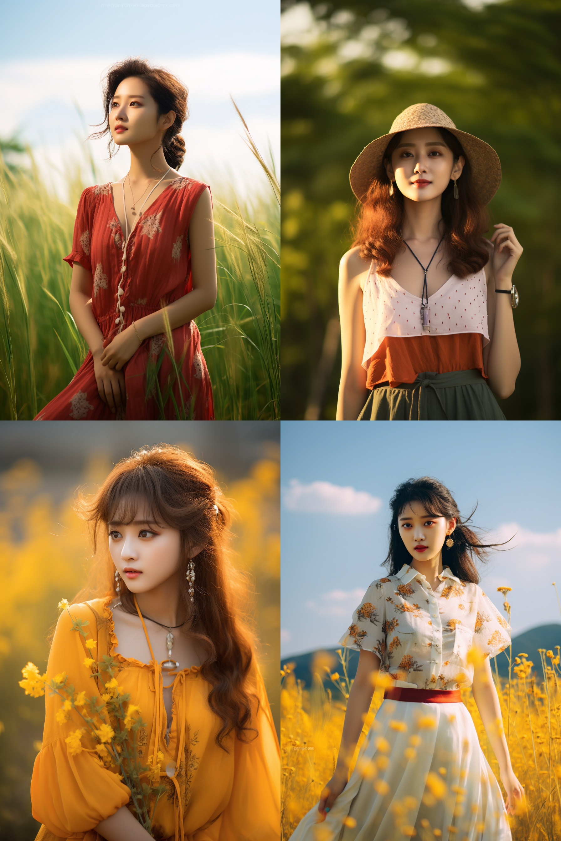 中国女孩，夏季服饰，夏日摄影，明亮光线， 清新自然，户外风景，肖像模式，中焦镜头，自然姿态，