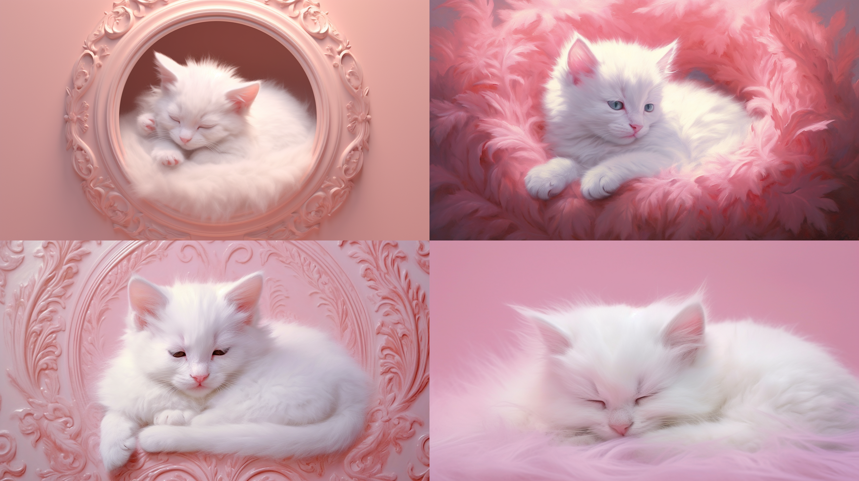 白色小猫睡觉，居中构图，浅粉色纯色背景，细节突出，静态，柔和光线，可爱，温暖，放松，清新。