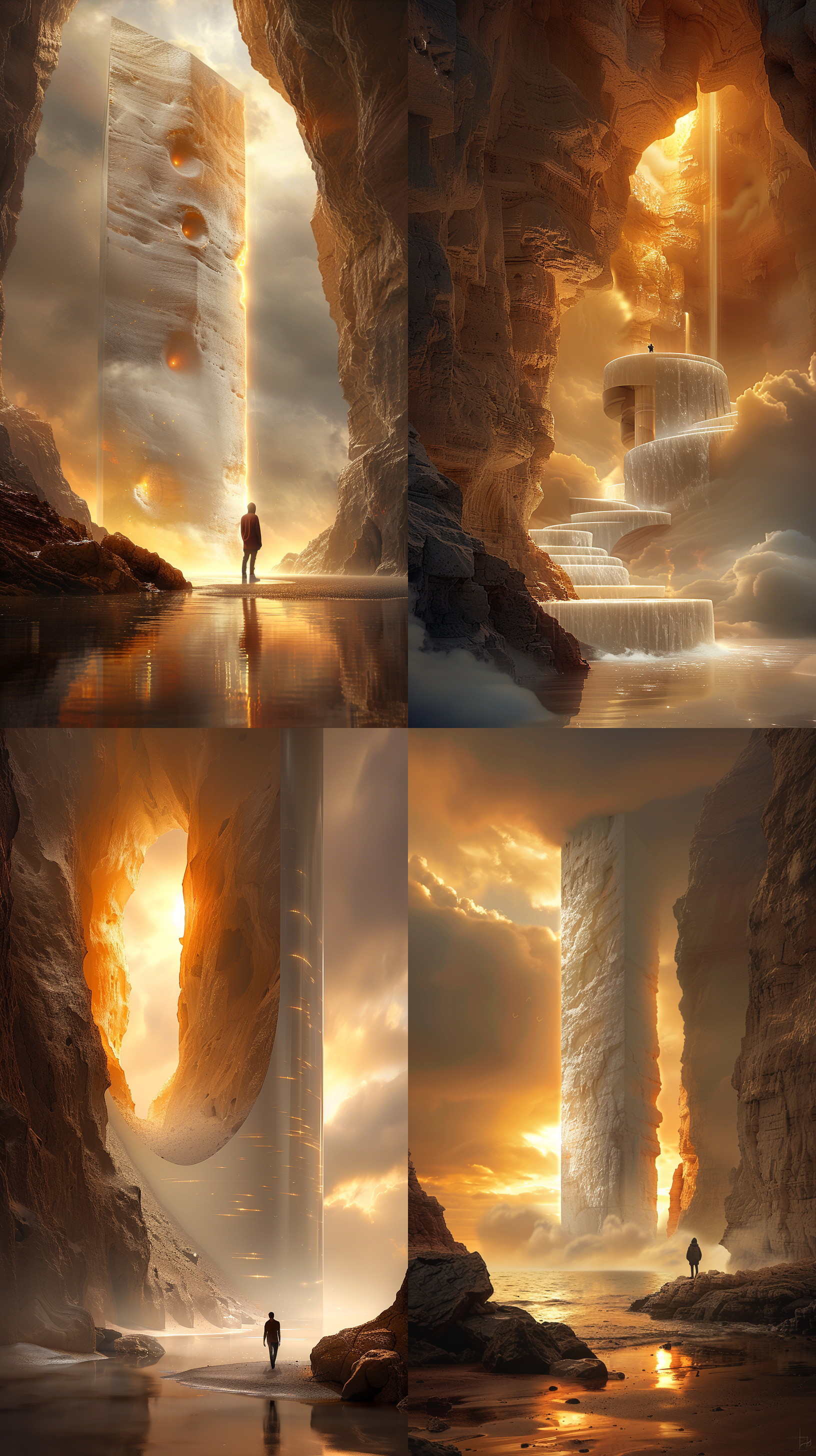 the white structure is covered in soggy clouds, in the style of marko manev, metaphysical interiors, spiral group, lifelike renderings, thomas cole, michal karcz, light gray and light amber