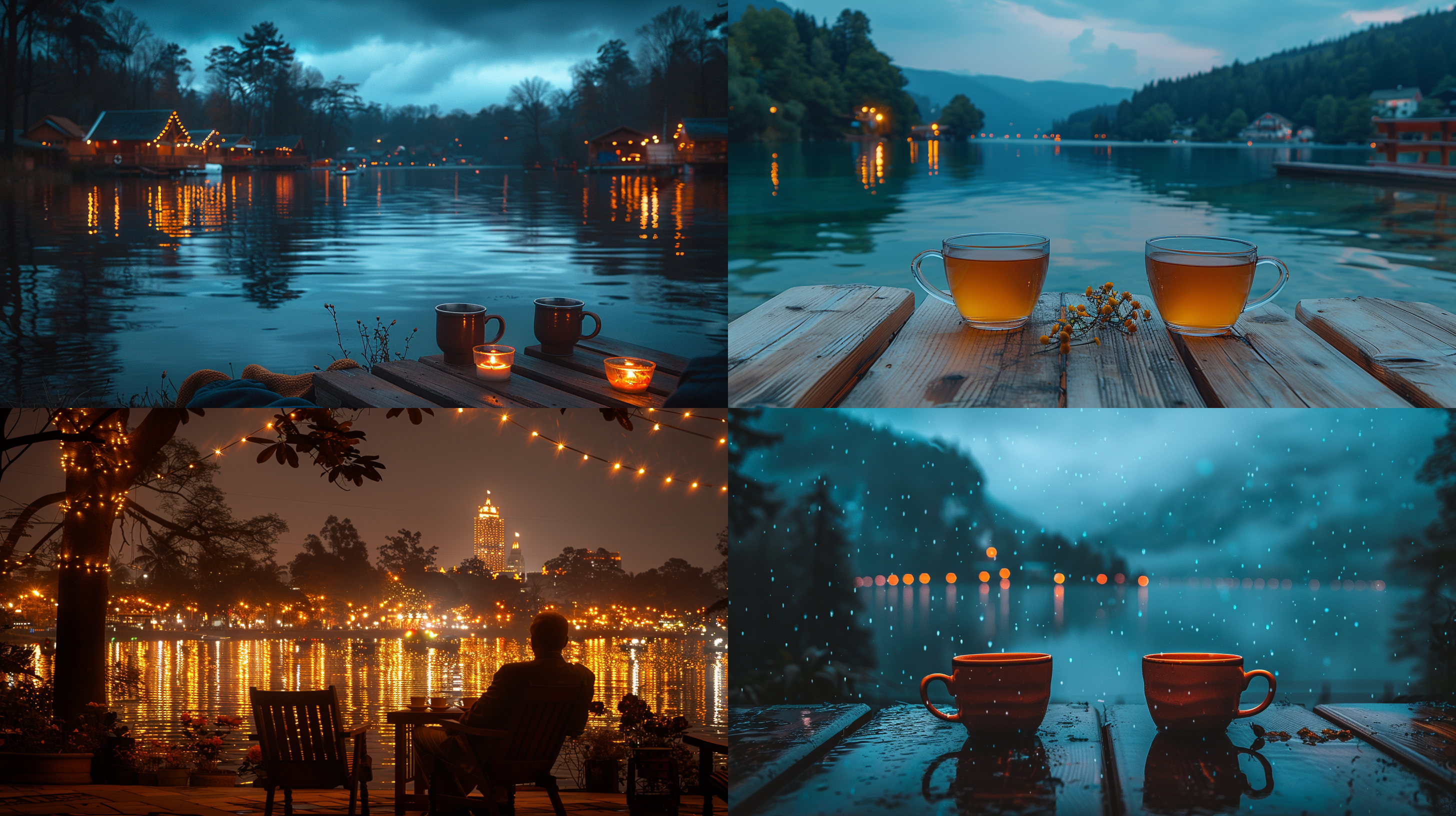 亚洲男子湖畔望景，夜晚，木桌上茶杯，侧面，湖泊映光，几朵野花，眼镜，宁静，夜光效果，长焦镜头，坐姿，思考。