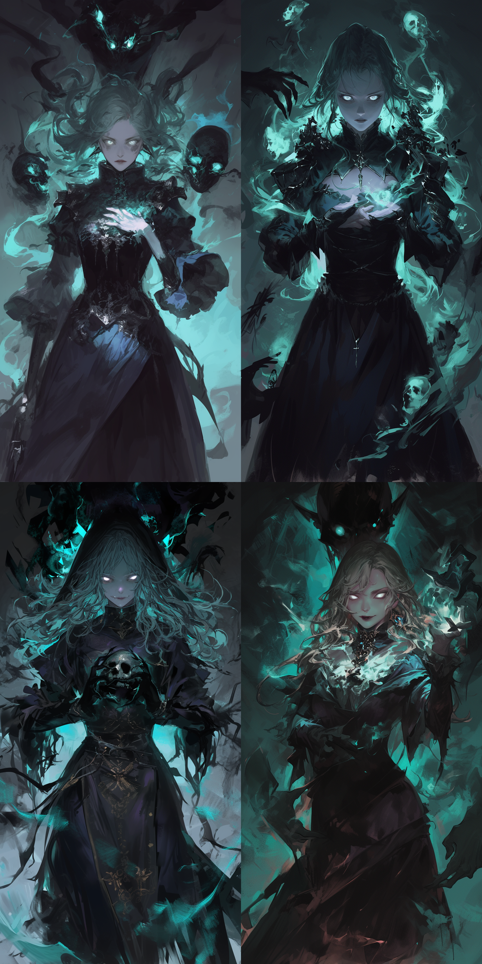 白色瞳孔的女魔法师，在幽魂的围绕中被撕裂，表情痛苦狰狞，画质清晰，暗色调，恐怖氛围