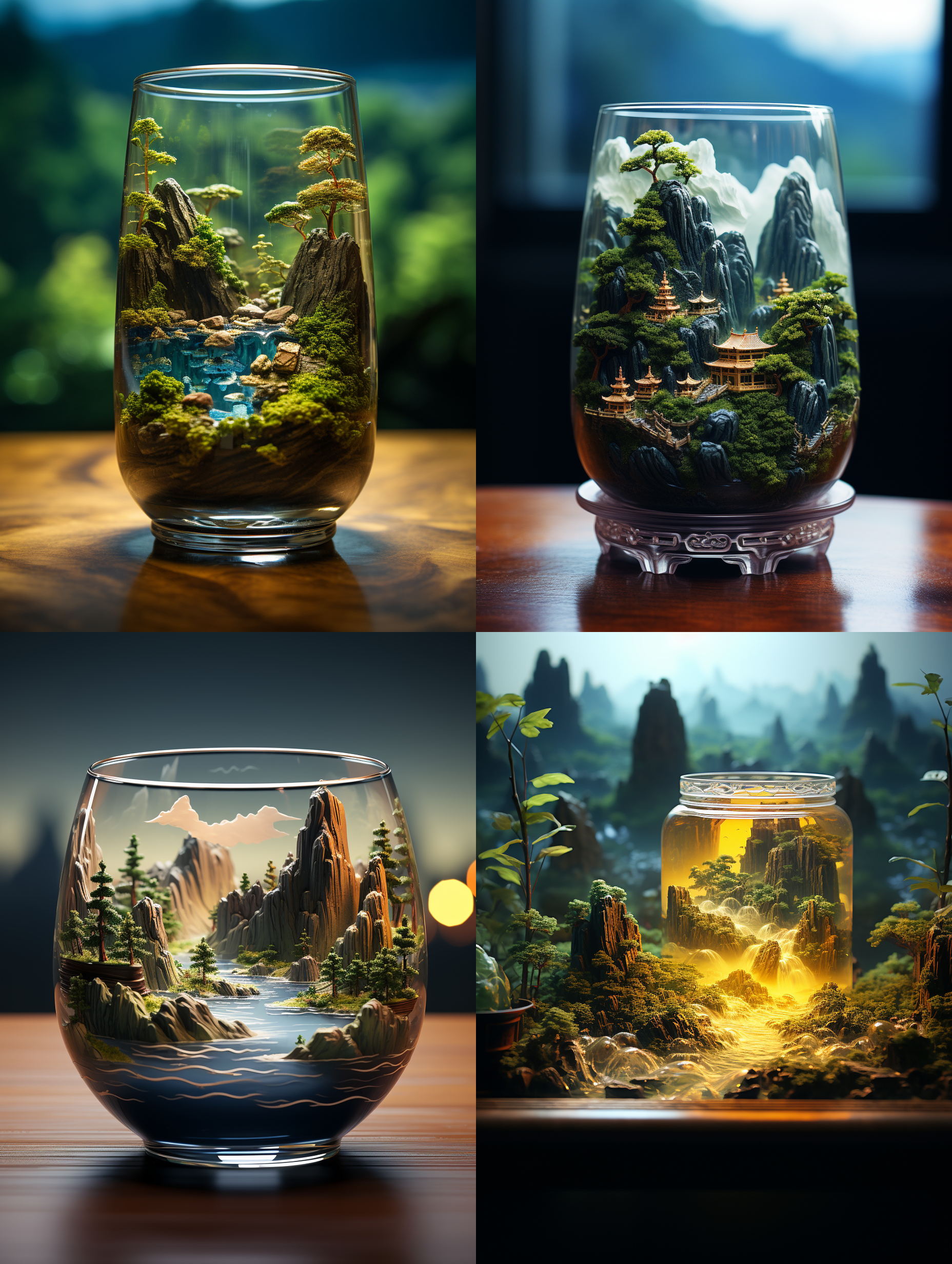 微缩景观，中国山水，在一个玻璃杯里，蓝绿配色，金色线条，前景模糊，8k。