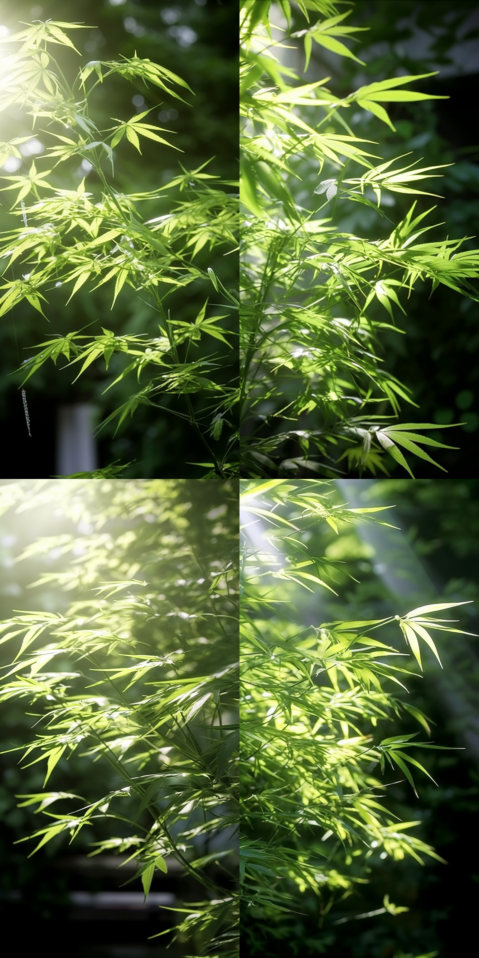 阳光洒落，绿色竹叶环绕，清新自然，生机盎然，逆光构图，长焦镜头，明亮色调，静态，和谐。