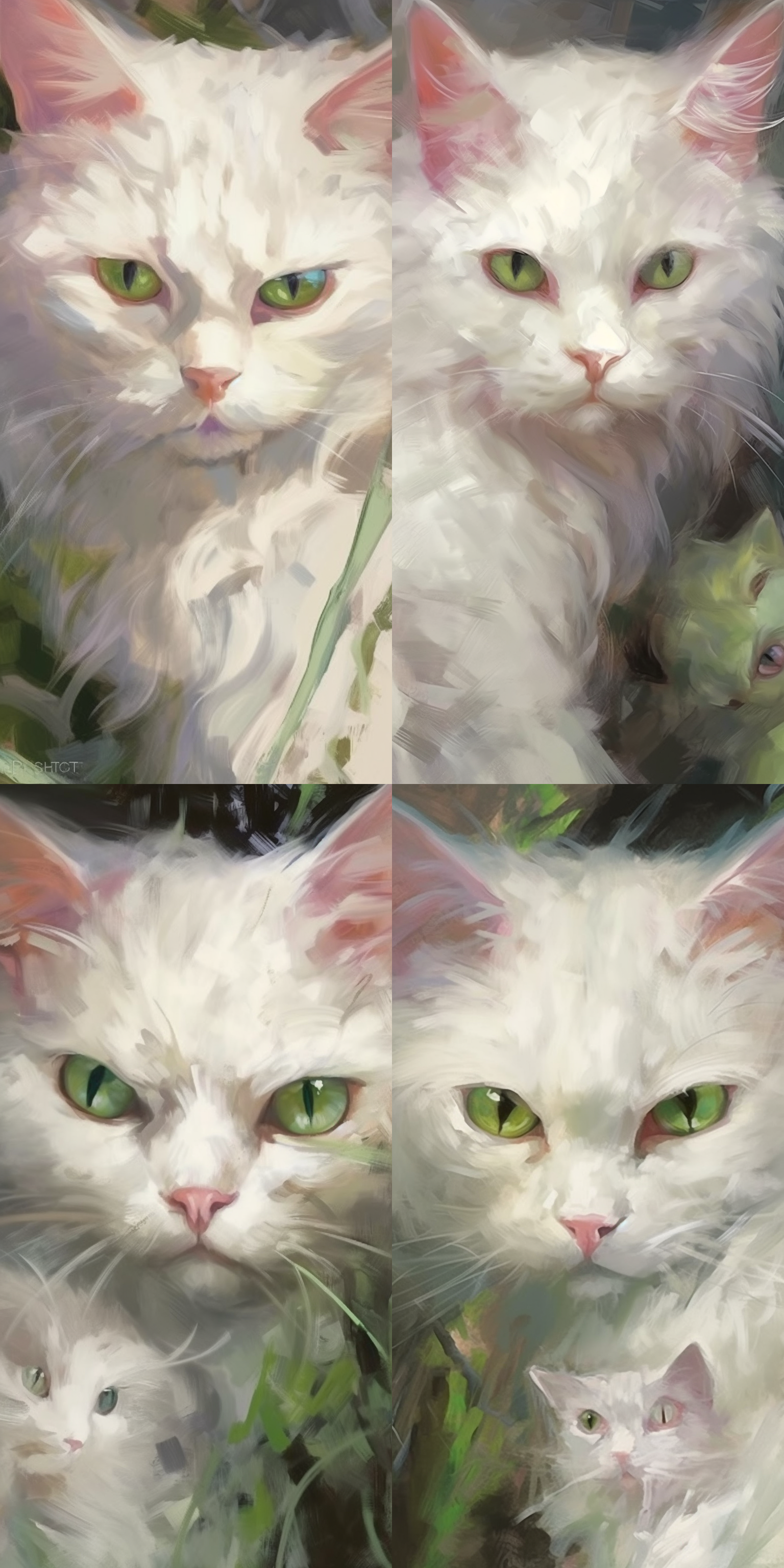 白色猫咪，亮绿色眼睛，油画质感，毛发根根分明，细腻描绘，生动表情，温馨氛围，特写镜头，自然光，柔和色彩，安详。