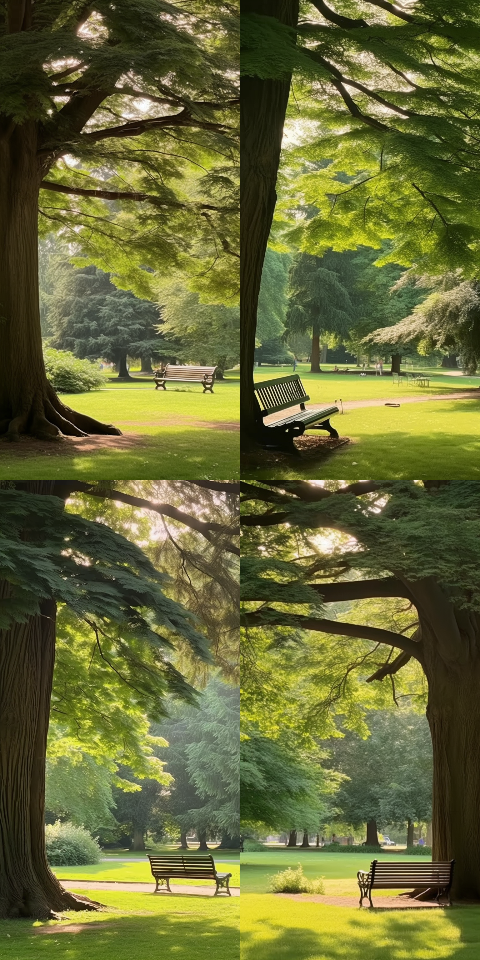 阳光透过浓密树冠，照射在绿草如茵的地面，一个人悠闲地坐在树下的长椅上，享受宁静。环绕着高大的树木，阳光斑驳洒落，营造出宁静祥和的氛围。温暖色调，长焦镜头，自然光，静态，放松。