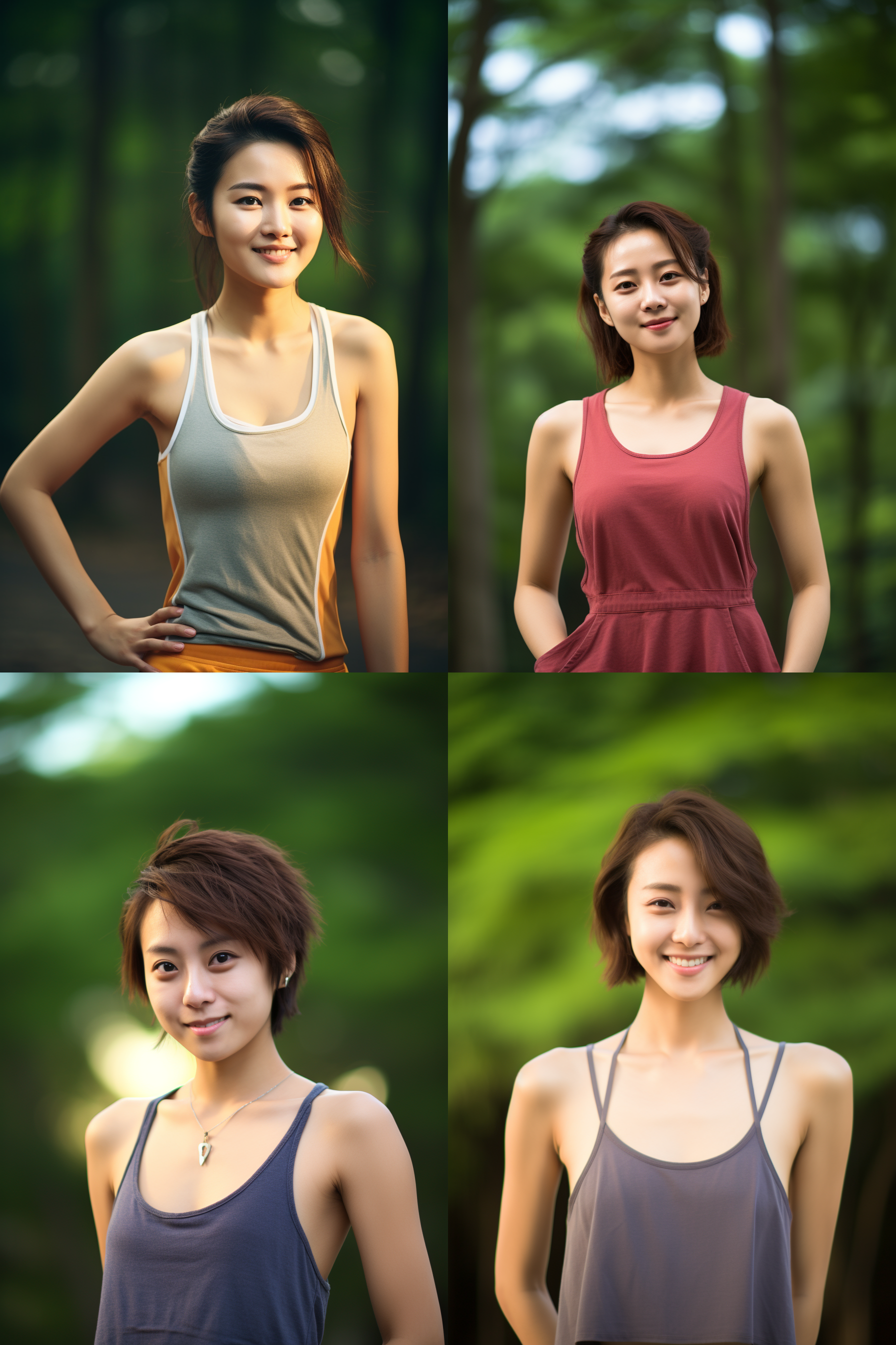 中国短发女孩，穿背心，明亮光线，摄影图 清新自然，户外风景，肖像模式，中焦镜头，微笑，自然姿态，色彩鲜艳，快门优先，放松自然