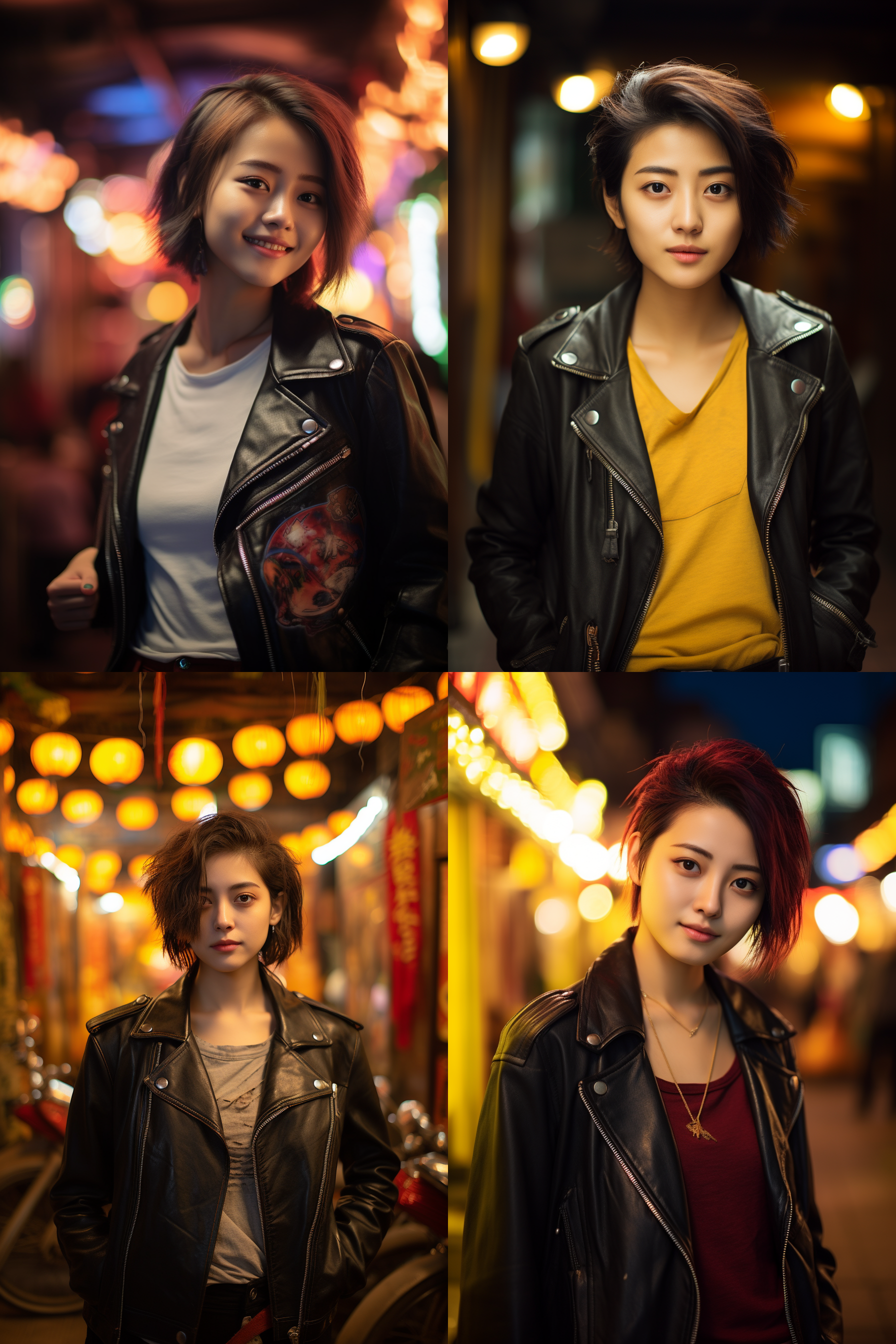 中国短发女孩，穿皮衣，明亮光线，摄影图 清新自然，户外风景，肖像模式，中焦镜头，微笑，自然姿态，色彩鲜艳，快门优先，放松自然
