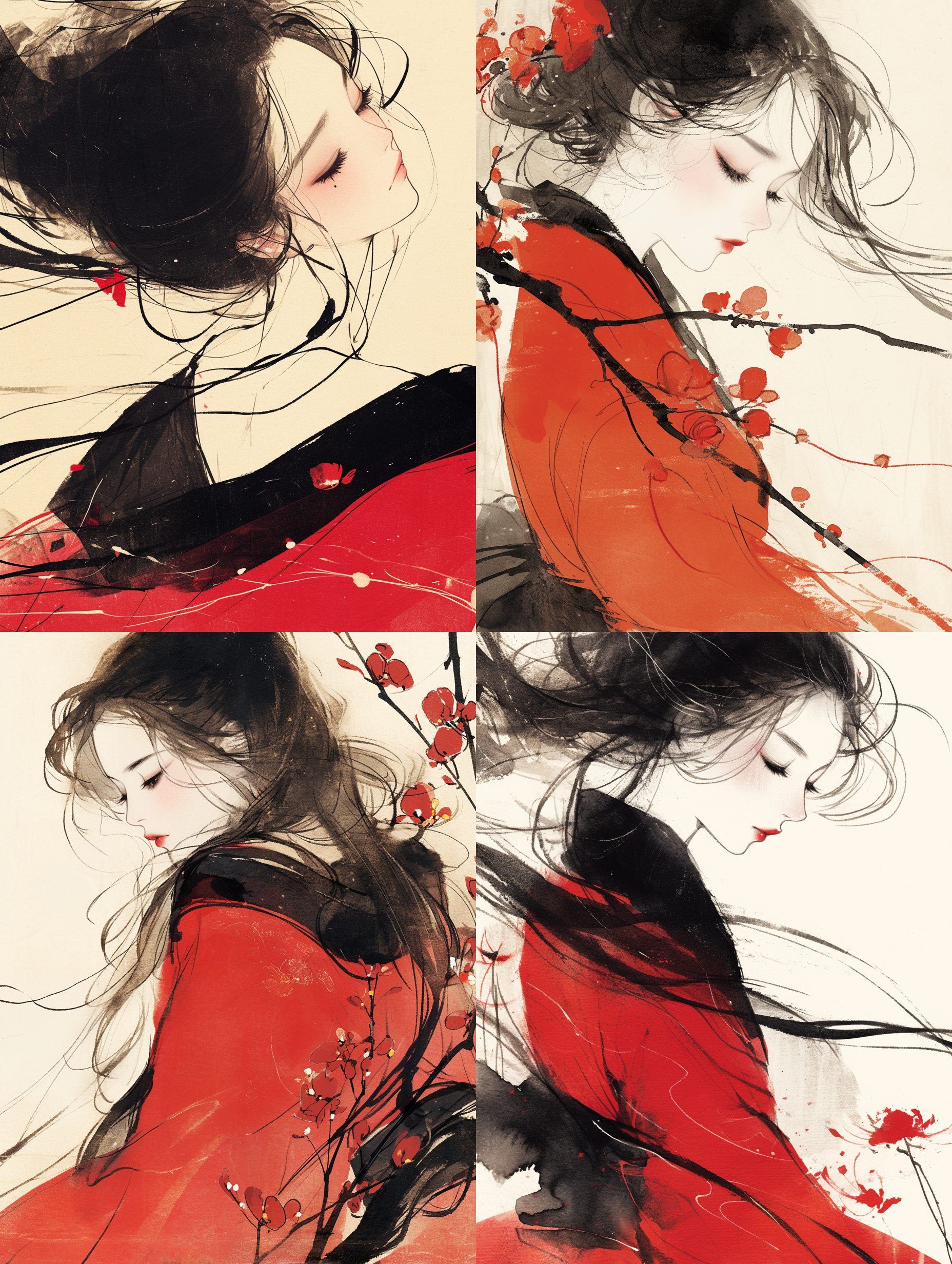 红衣少女，背影聚焦，黑色飘逸长发，中国画，水墨风格。四季，画面和谐，色彩温馨，构图不畸形，浪漫，线条流畅，平面画布，2的，高清质感，视觉温暖，静谧。