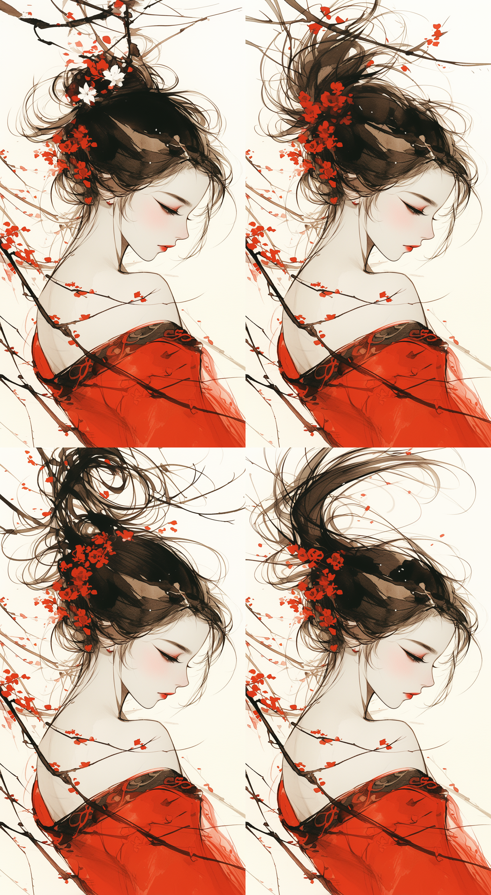 红衣少女，背影聚焦，黑色飘逸长发，中国画，水墨风格。四季，画面和谐，色彩温馨，构图不畸形，浪漫，线条流畅，平面画布，2的，高清质感，视觉温暖，静谧。