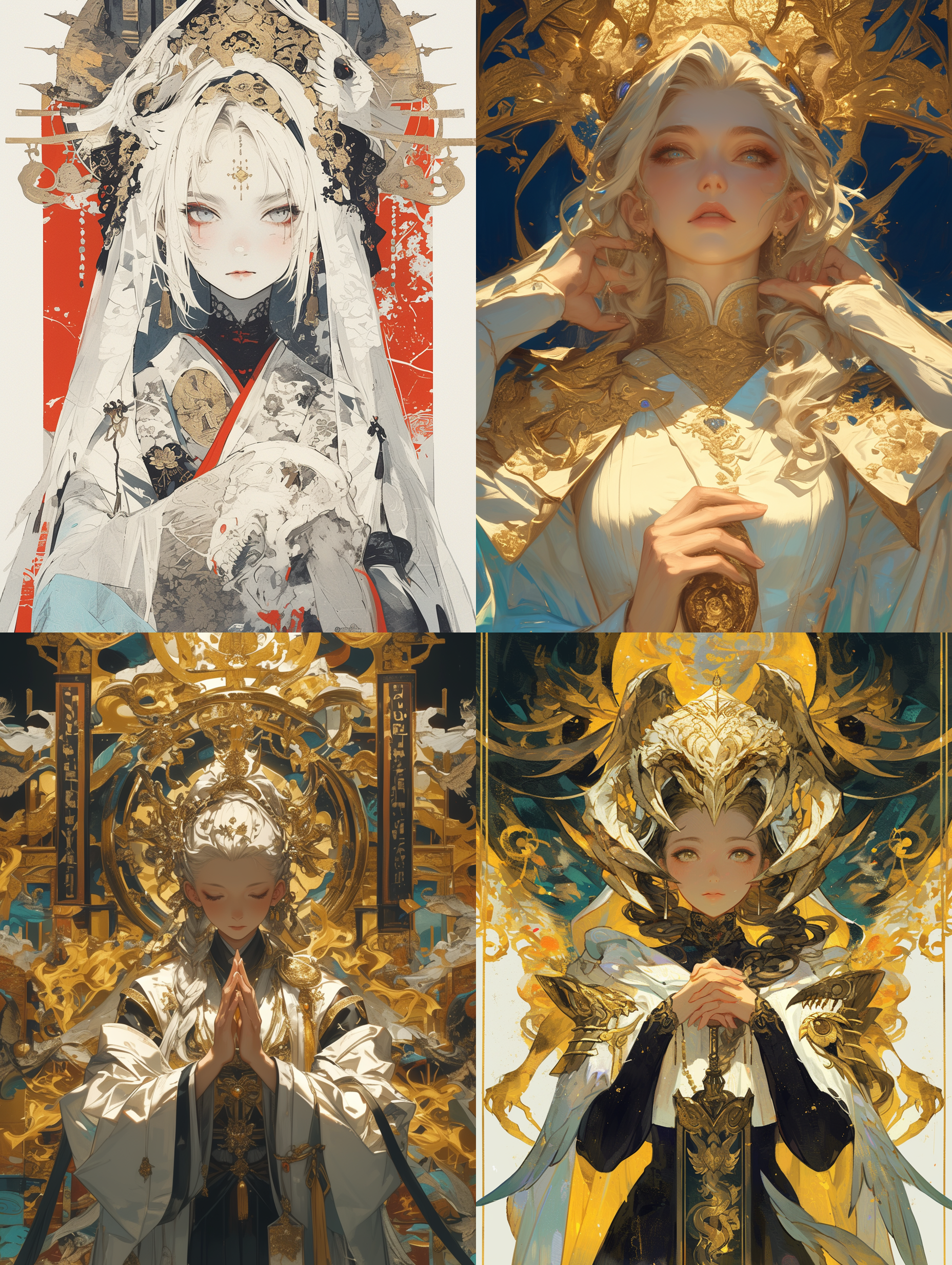 板绘，日本漫画风格，少女手捧（火焰，水滴，棺材），长发，麻花辫，仰视图，白色嫁衣，金丝面纱，丹凤眼，眼波荡漾动态，情绪非常非常饱满，发丝飞扬，有清晰的光影过渡，色彩有张力，大胆的动作设计，捉摸不透的表情，透视构图，高精度，丰富细节，构图精美。