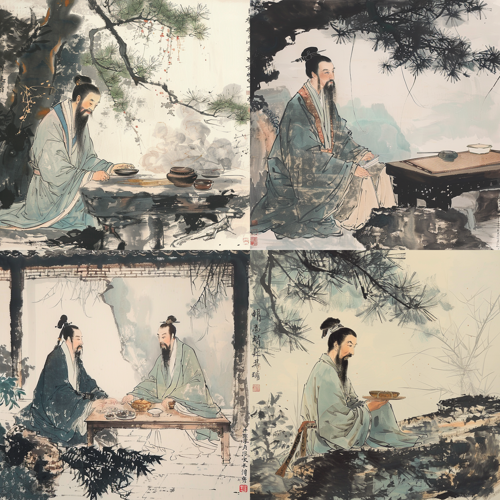 中医把脉，古风道袍，细节描绘，传统元素，暖色调，细腻线条，静态情景，专注表情，神秘氛围。 工笔画 白绿 并列构图 日本墨水