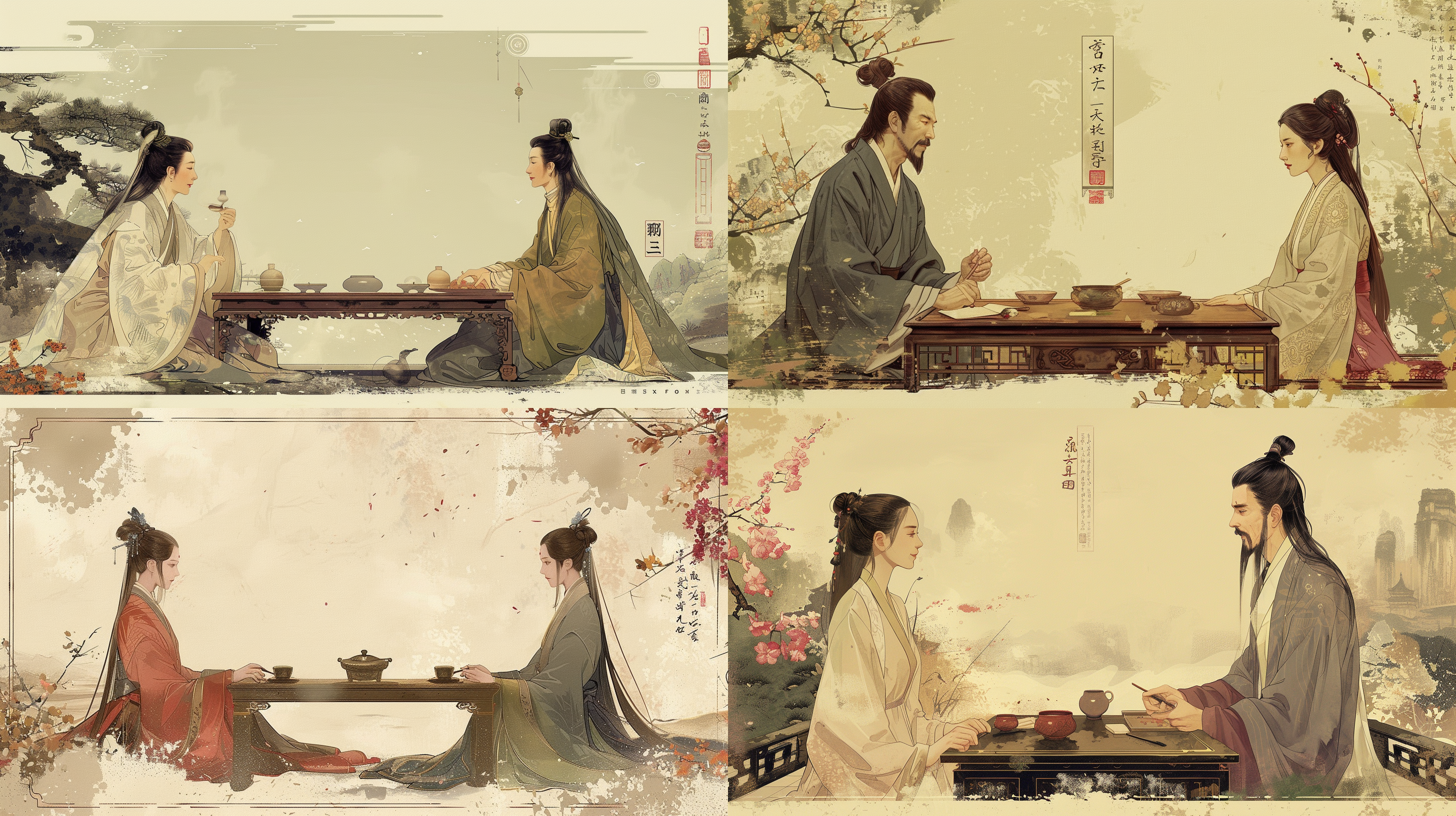 中医为女患者把脉，2人隔着古色桌子对坐，中医专注神情，古代服饰，干净背景，全景，国风，扁平插画，古典色调，细节描绘，肖像风格，情感交流。