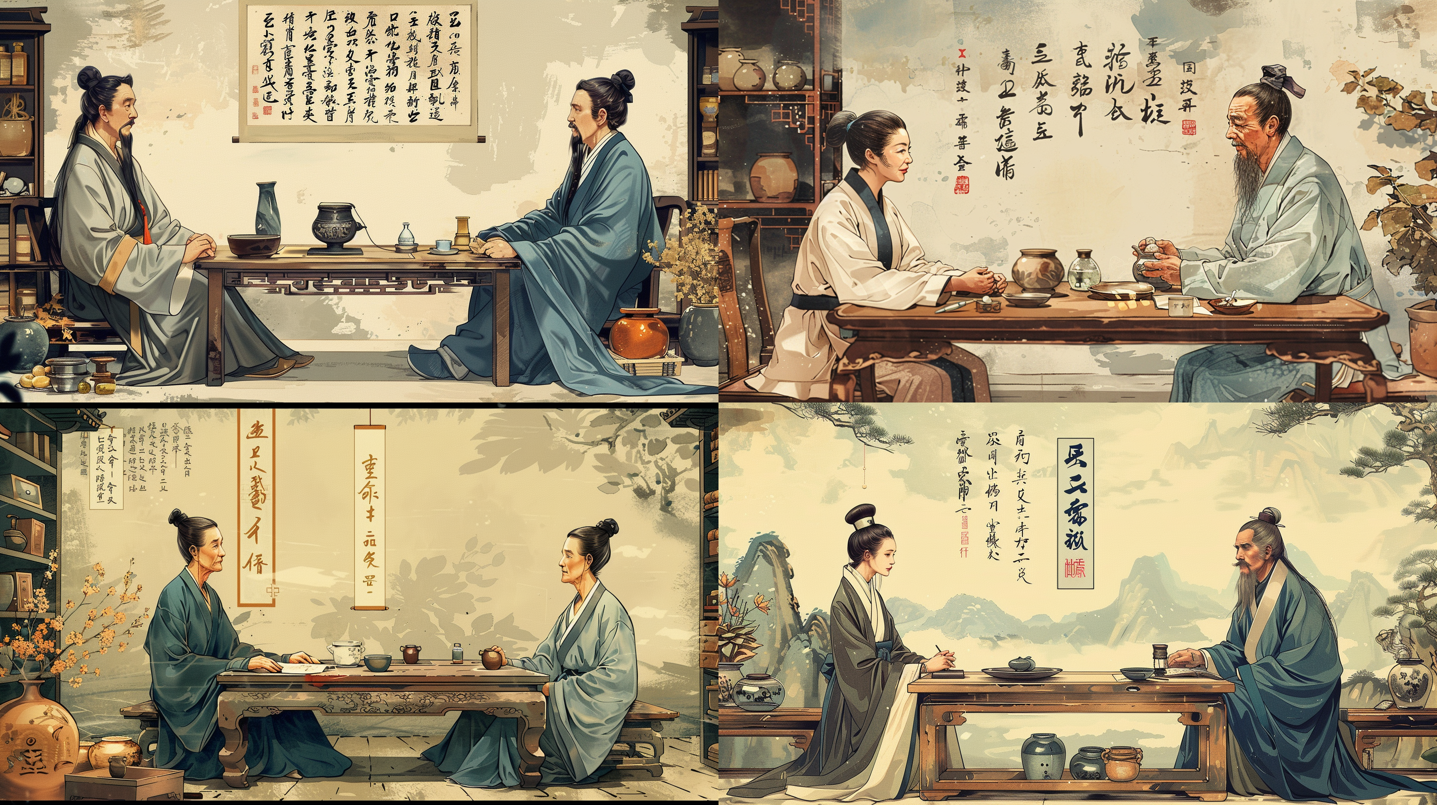 老中医为女患者会诊，2人隔着古色桌子对坐，场景在药馆，中医专注神情，古代服饰，干净背景，全景，q版插画，扁平插画，古典色调，细节描绘。