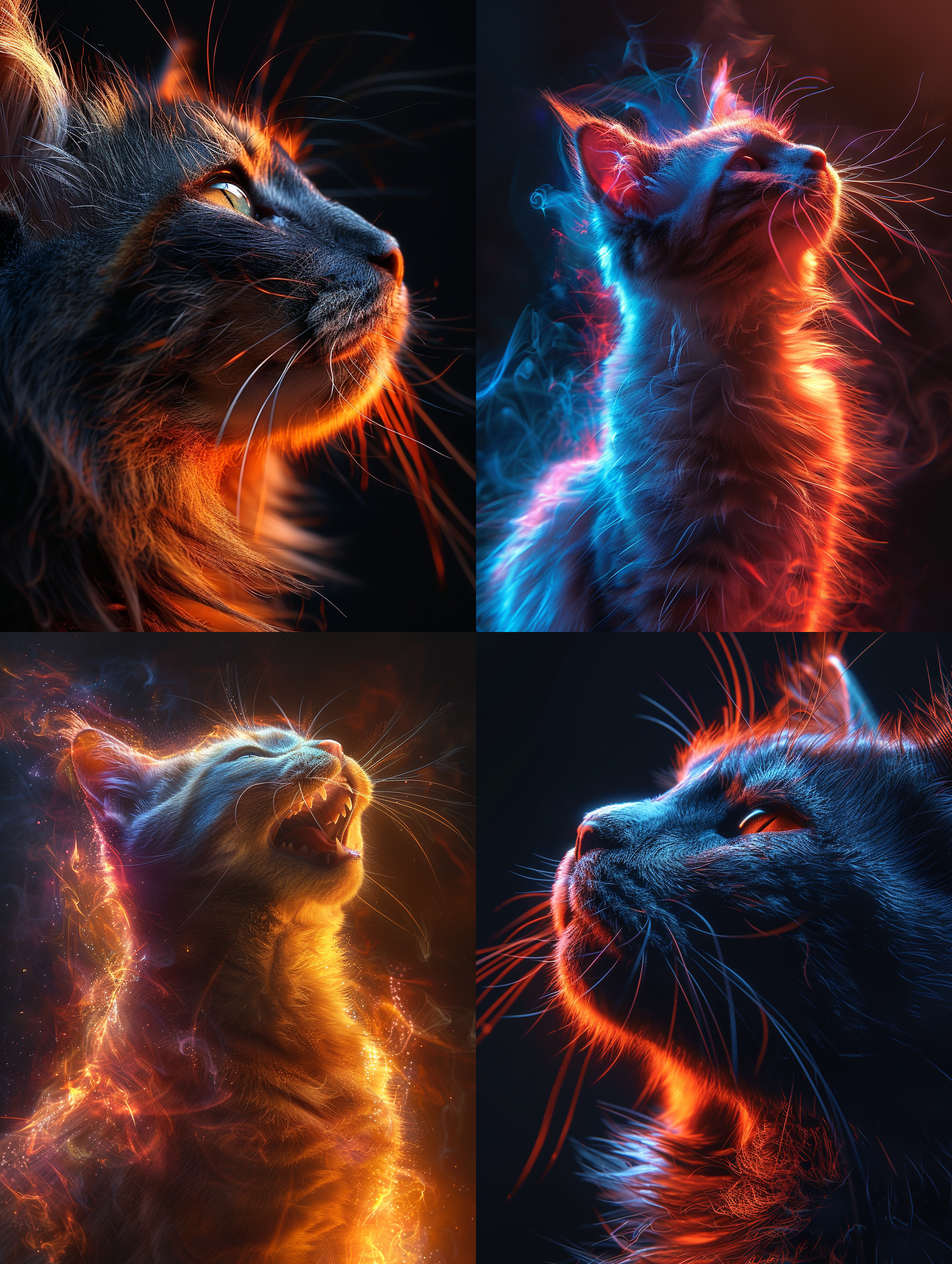 multicolored mythical siamese cat, roaring, bioluminescence, phosphor, arcane energy, illusion engine 5, magic of light, illusion engine rendering, hd