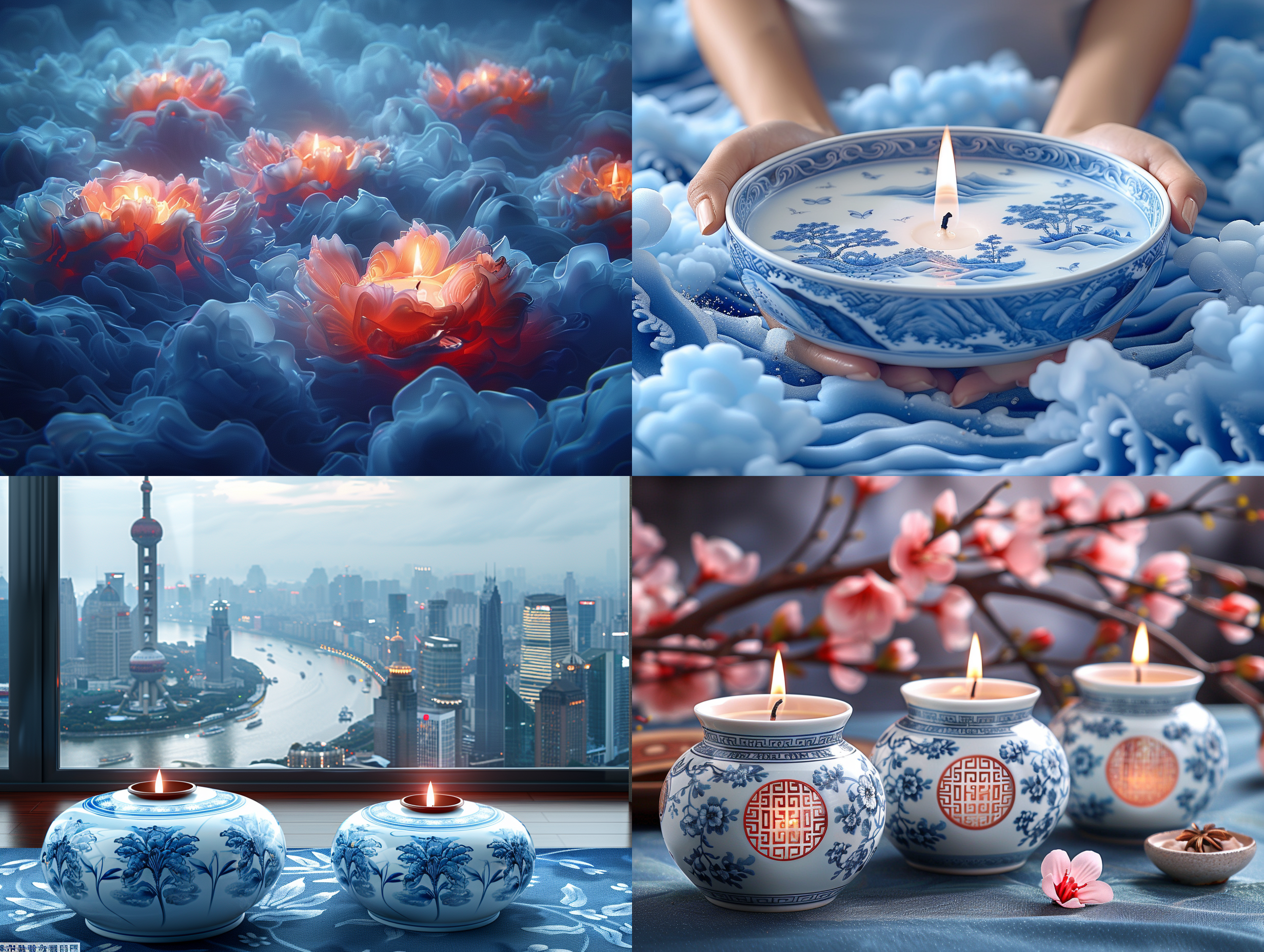 青花瓷烛台，中心构图，微距镜头，蓝白色调，梦幻效果，透光，静谧，优雅。