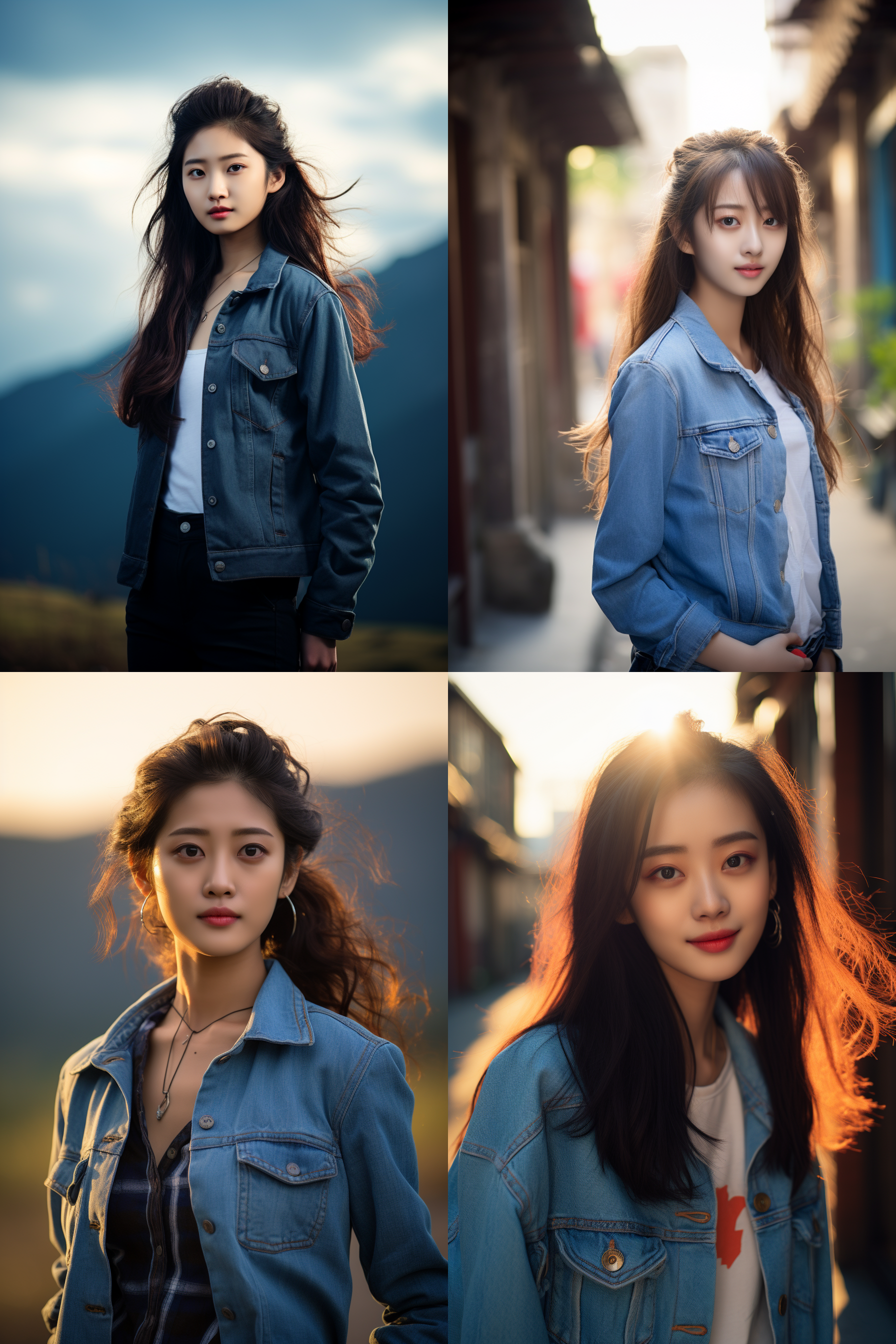 中国女孩，牛仔服饰，明亮光线，摄影图 清新自然，户外风景，肖像模式，中焦镜头，自然姿态，色彩鲜艳，快门优先，放松自然