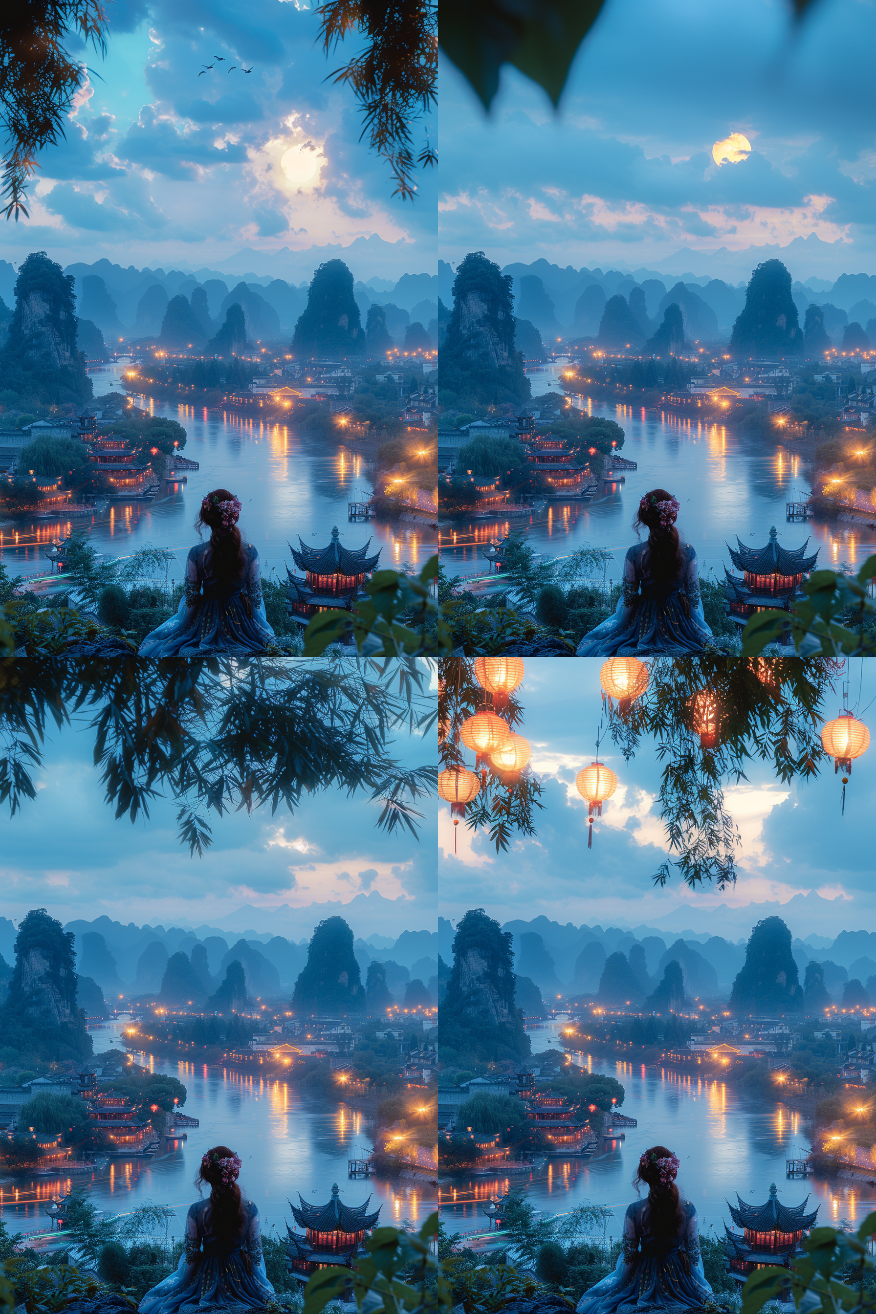 东方女孩江边，超广角，春夜，月光，雾气笼罩，桂林山水，细节丰富，鲜艳色彩，柔和光线，神秘感，山川，河流，古建筑，高清。
