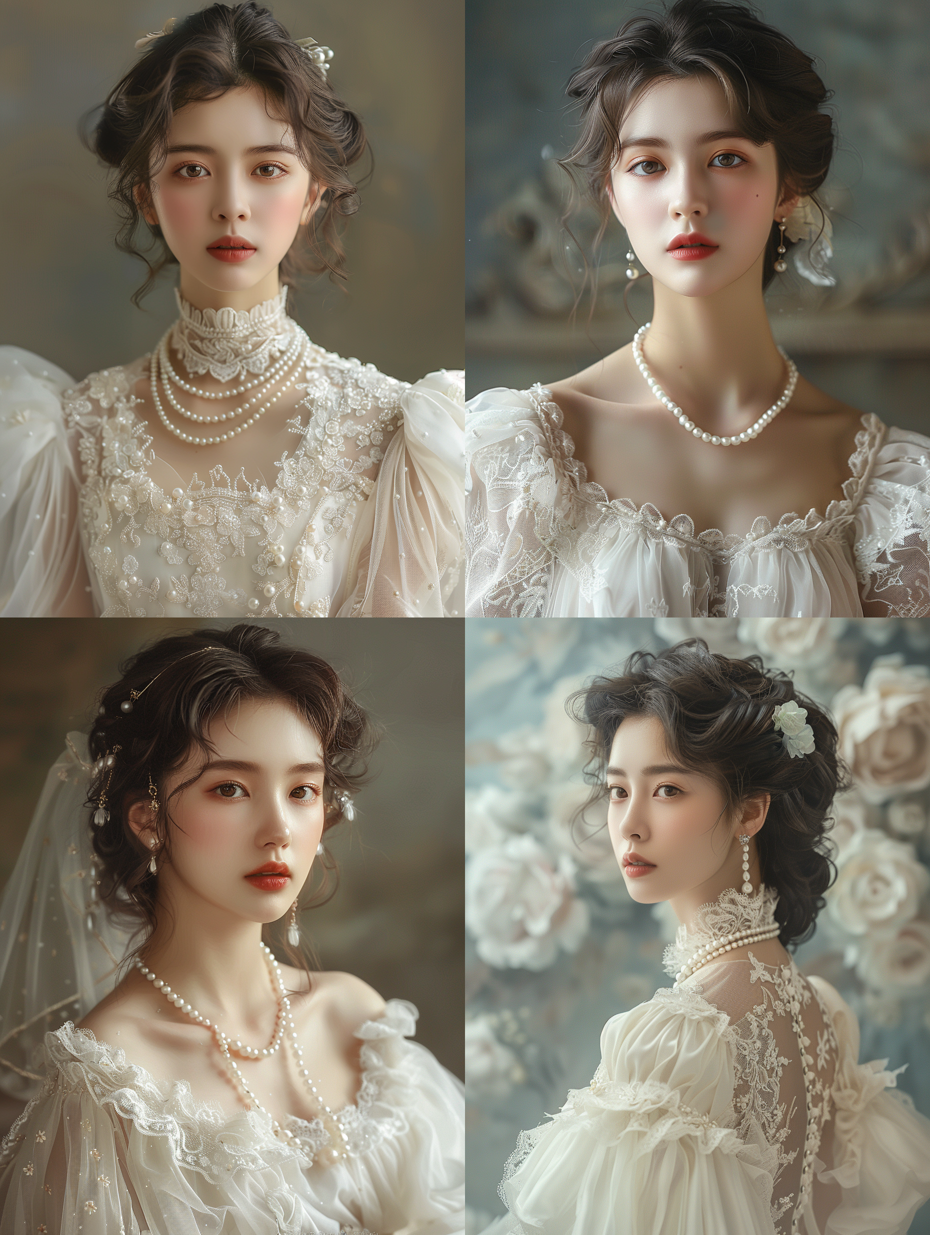 人像摄影,一位公主穿着美丽的白色衣服,戴着珍珠项链,肖像,official fanart behance hd, 1900s, inspired by yun du-seo,siwoo kim,surrealism,uhd,优雅,带着空灵的光芒,奢华