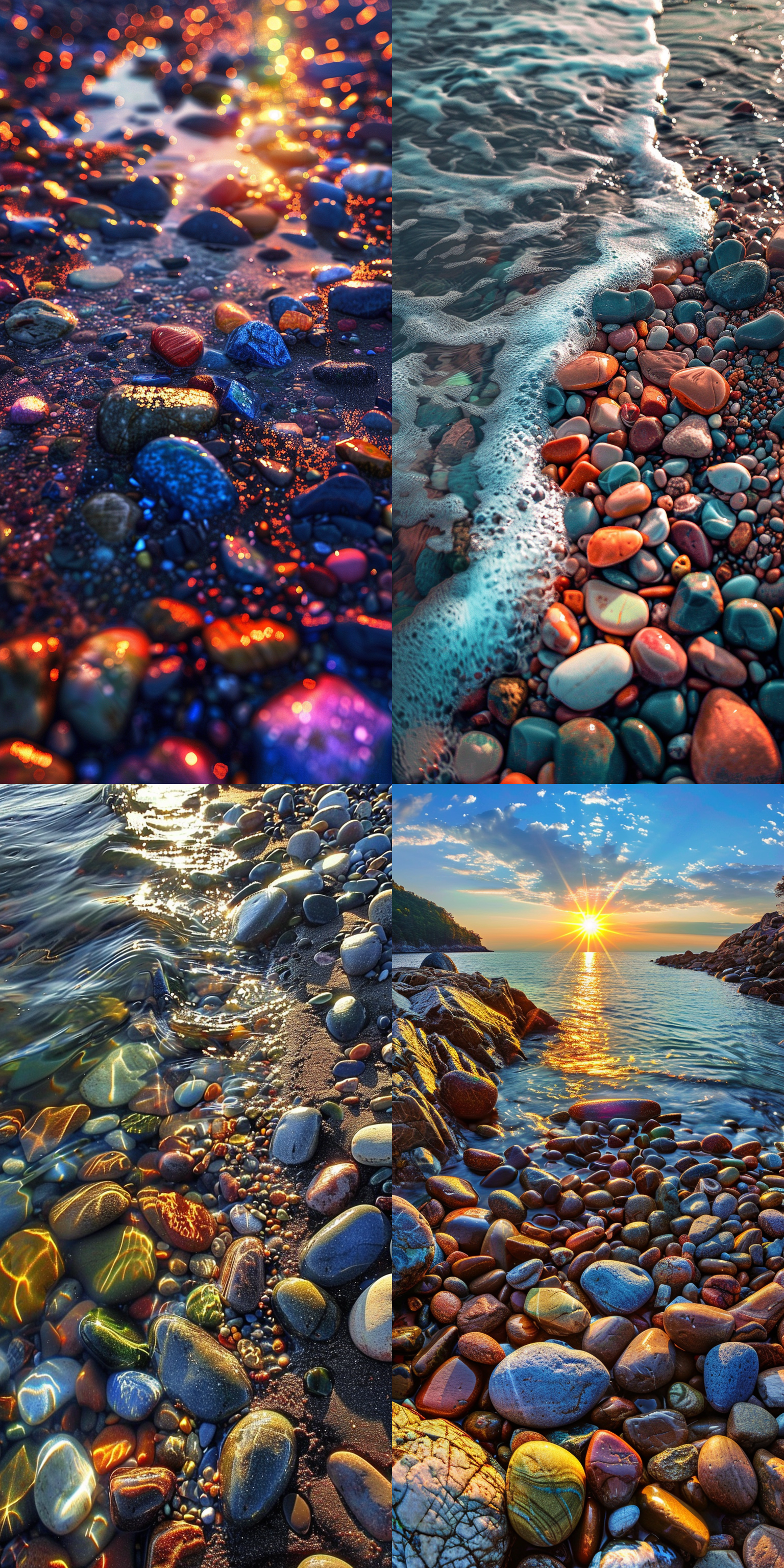 beach, colorful seawater, glowing stones, dazzling light and shadow, vivid colors, bright light, panoramic photography, exquisite composition, dreamy engine, ultra fine, ultra clear, ultra high resolution, ultra high quality, ultra high detail, ultra high quality, ultra high definition, 32k