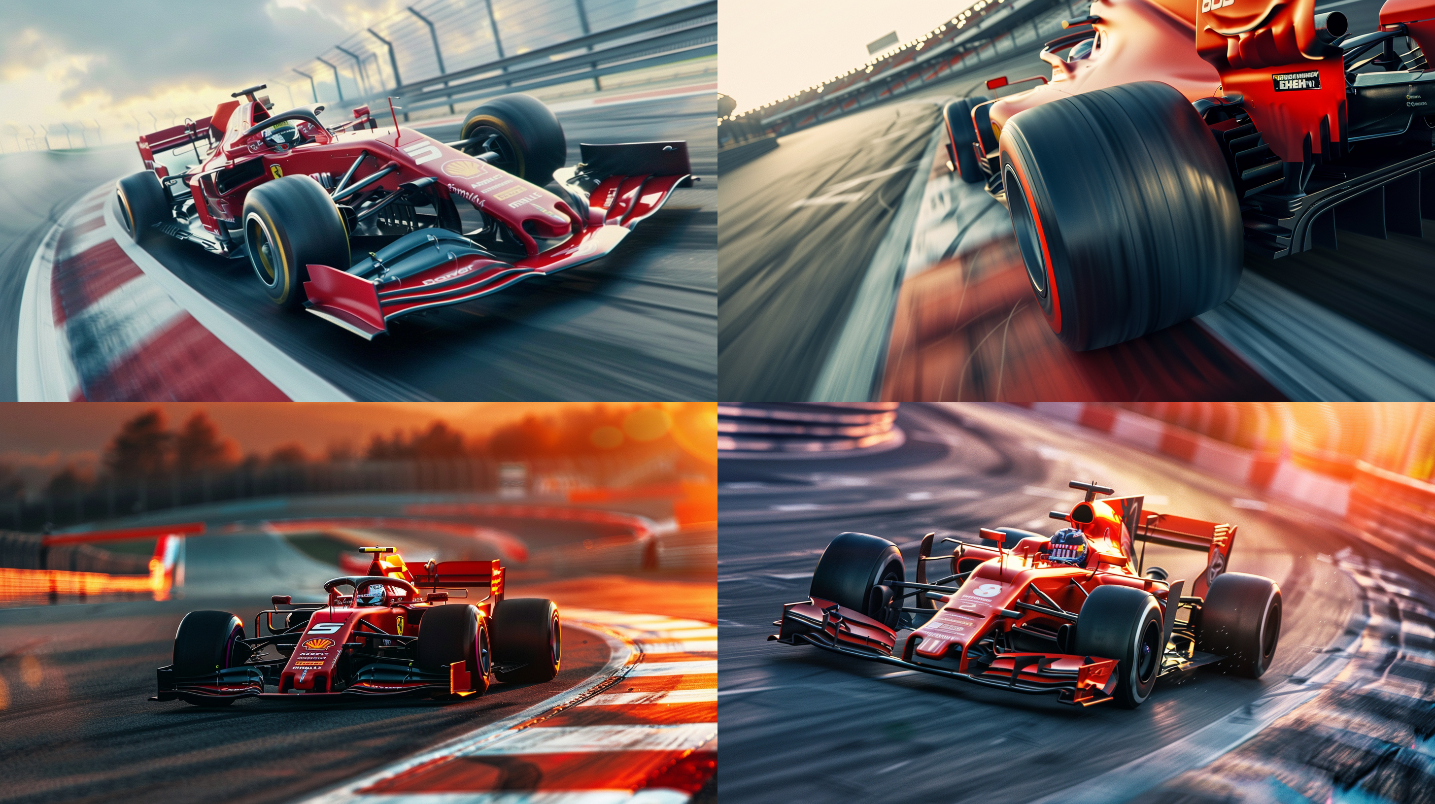 f1赛车，赛道漂移，特写，镭射色车身，高速行驶，炫酷，广角高清8k，超高清晰度，视觉震撼力