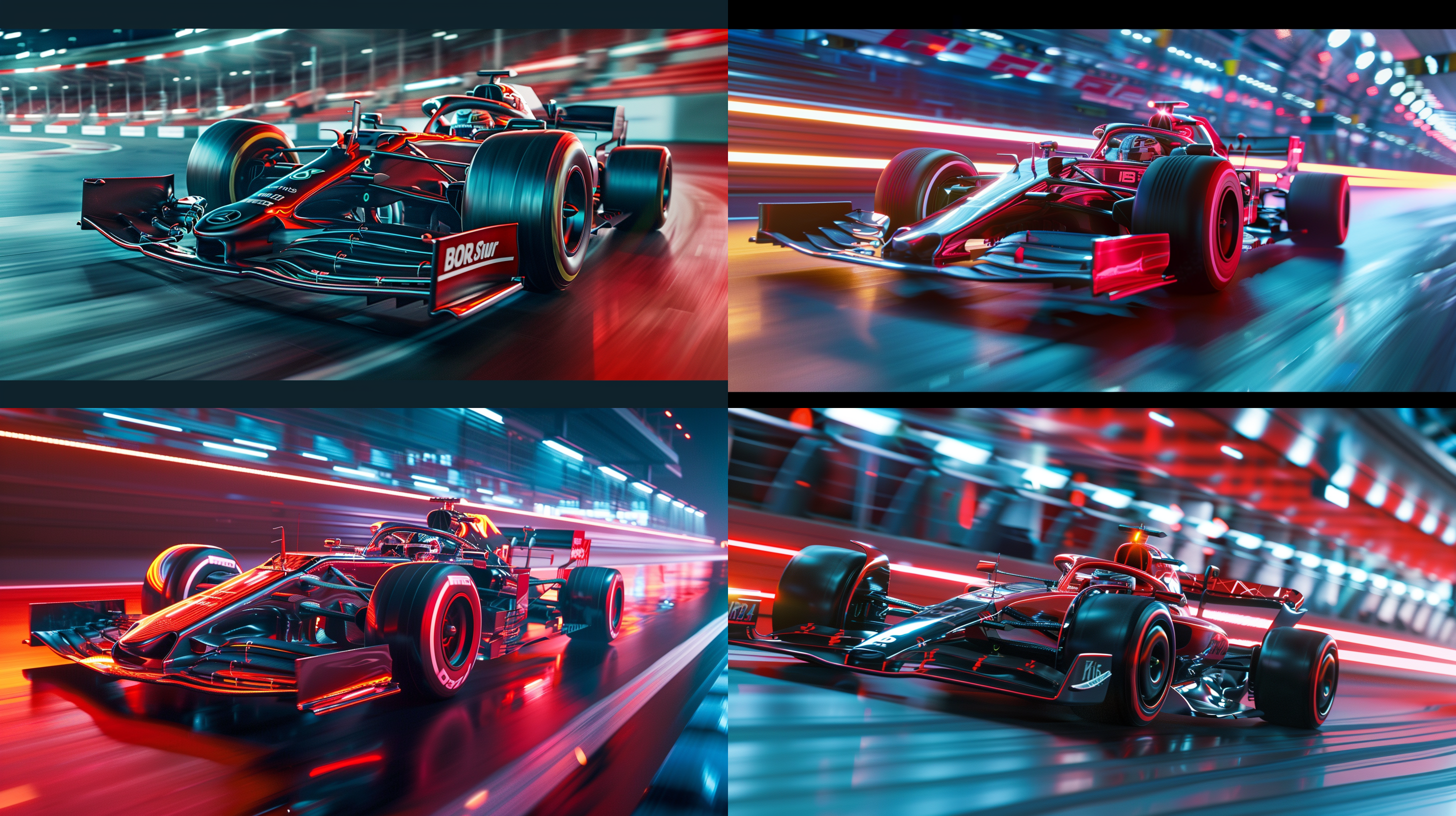 f1赛车，赛道漂移，特写，镭射色车身，高速行驶，炫酷，广角高清8k，超高清晰度，视觉震撼力