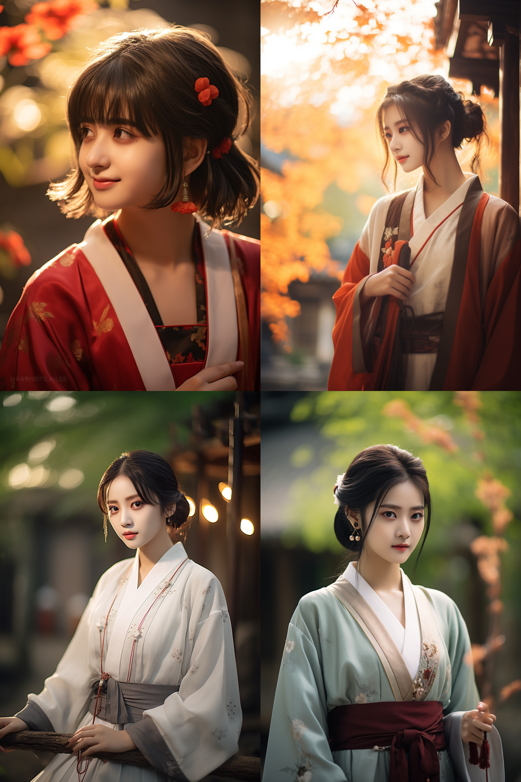 汉服短发女孩，古风汉服，花园中，柔和光线，侧逆光，微笑，自然动作，细节丰富，暖色调，唯美情感。
