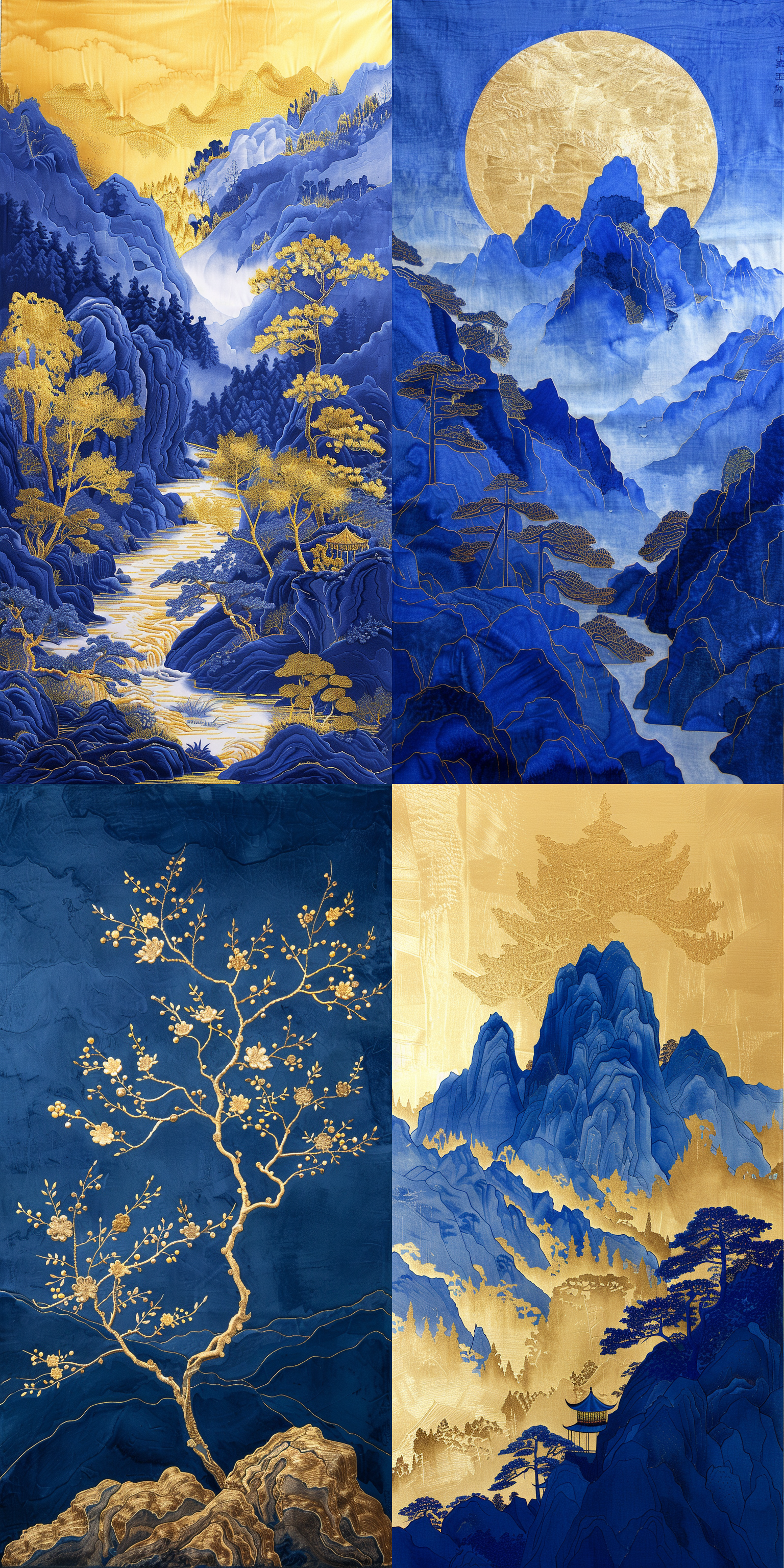 klein blue, chinese embroidery craft of gold blue mountains, pavilions and trees, gild, liquid gold flowing, minimal color field, freehand brushwork, blank-leaving, organic form, simple blue background