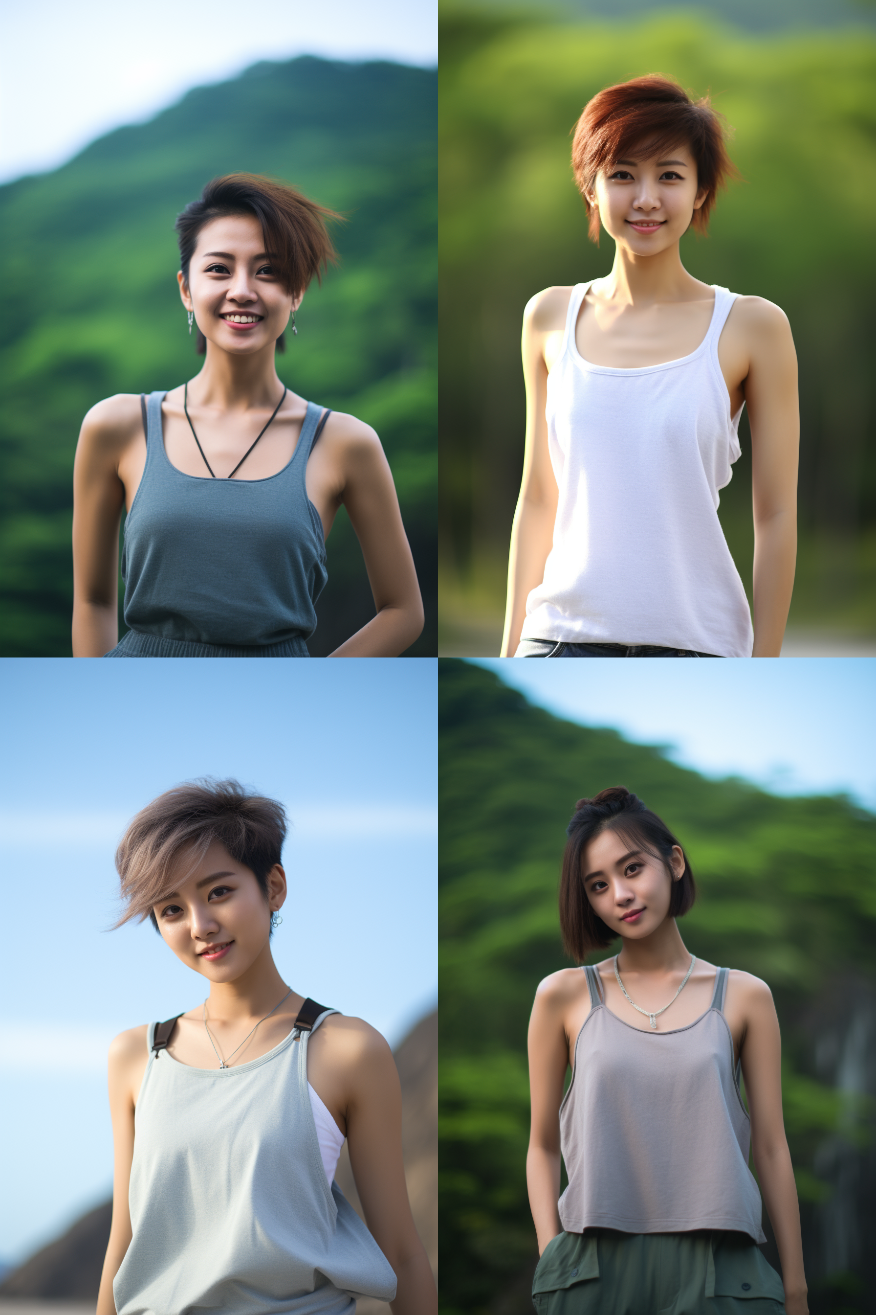 中国短发女孩，穿背心，户外自然风光，柔和色调，肖像镜头，微笑，自然动作，清新，活泼。