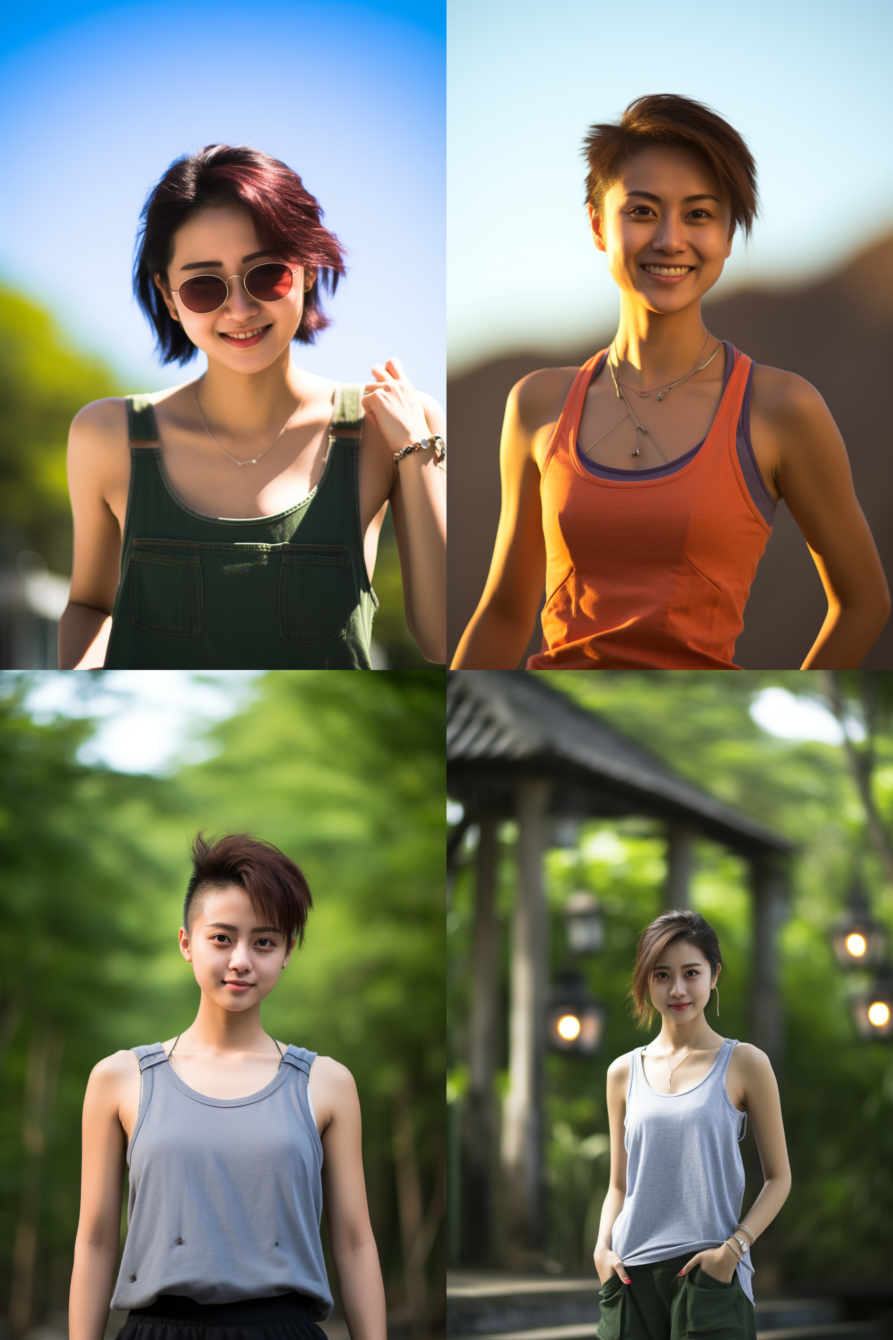 中国短发女孩，穿背心，明亮光线，摄影图 清新自然，户外风景，肖像模式，中焦镜头，微笑，自然姿态，色彩鲜艳，快门优先，放松自然。