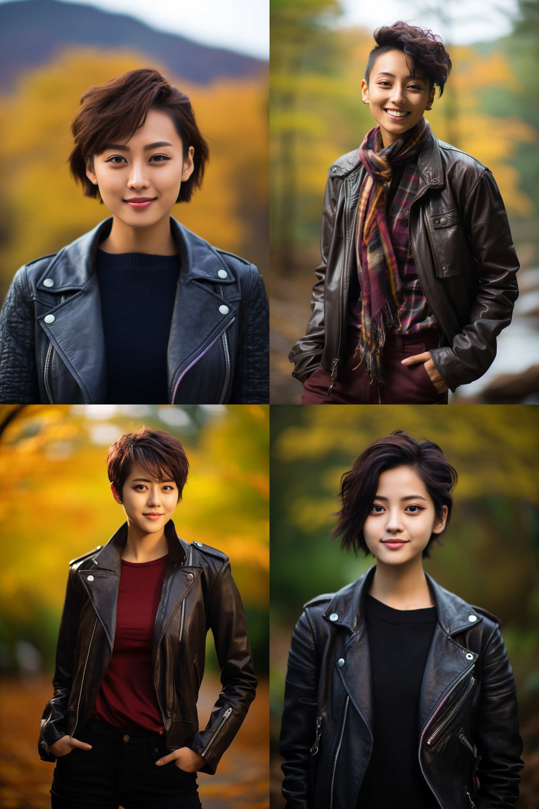 中国短发女孩，穿皮衣，明亮光线，摄影图 清新自然，户外风景，肖像模式，中焦镜头，微笑，自然姿态，色彩鲜艳，快门优先，放松自然