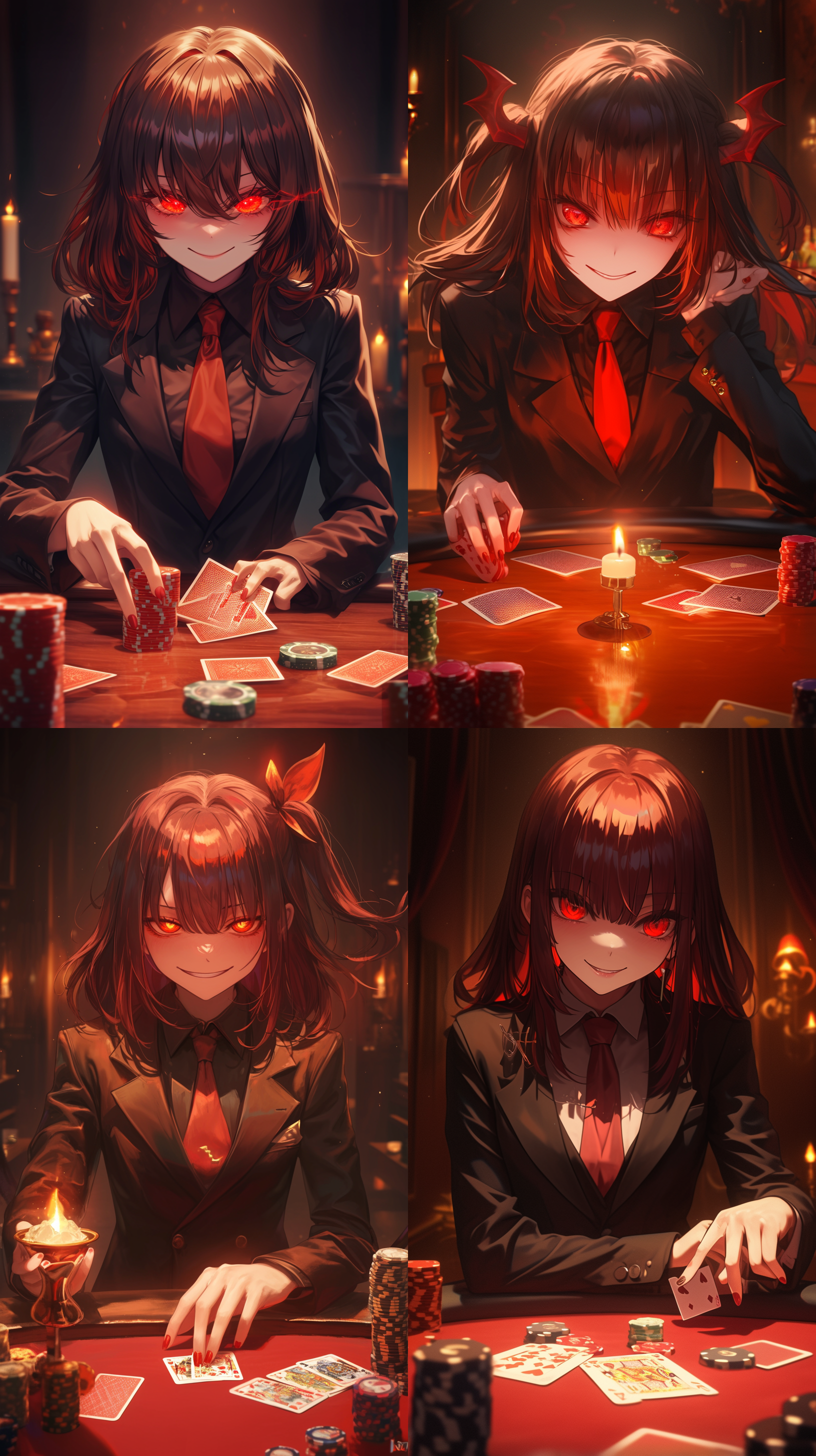 红眼女孩，棕发，坏笑，制服外套，黑衬衫，红领带，木桌，扑克，骰子，筹码，樱桃，蜡烛，屋内，昏暗灯光，电闪雷鸣，恶魔，交易，狡猾，年轻气质。