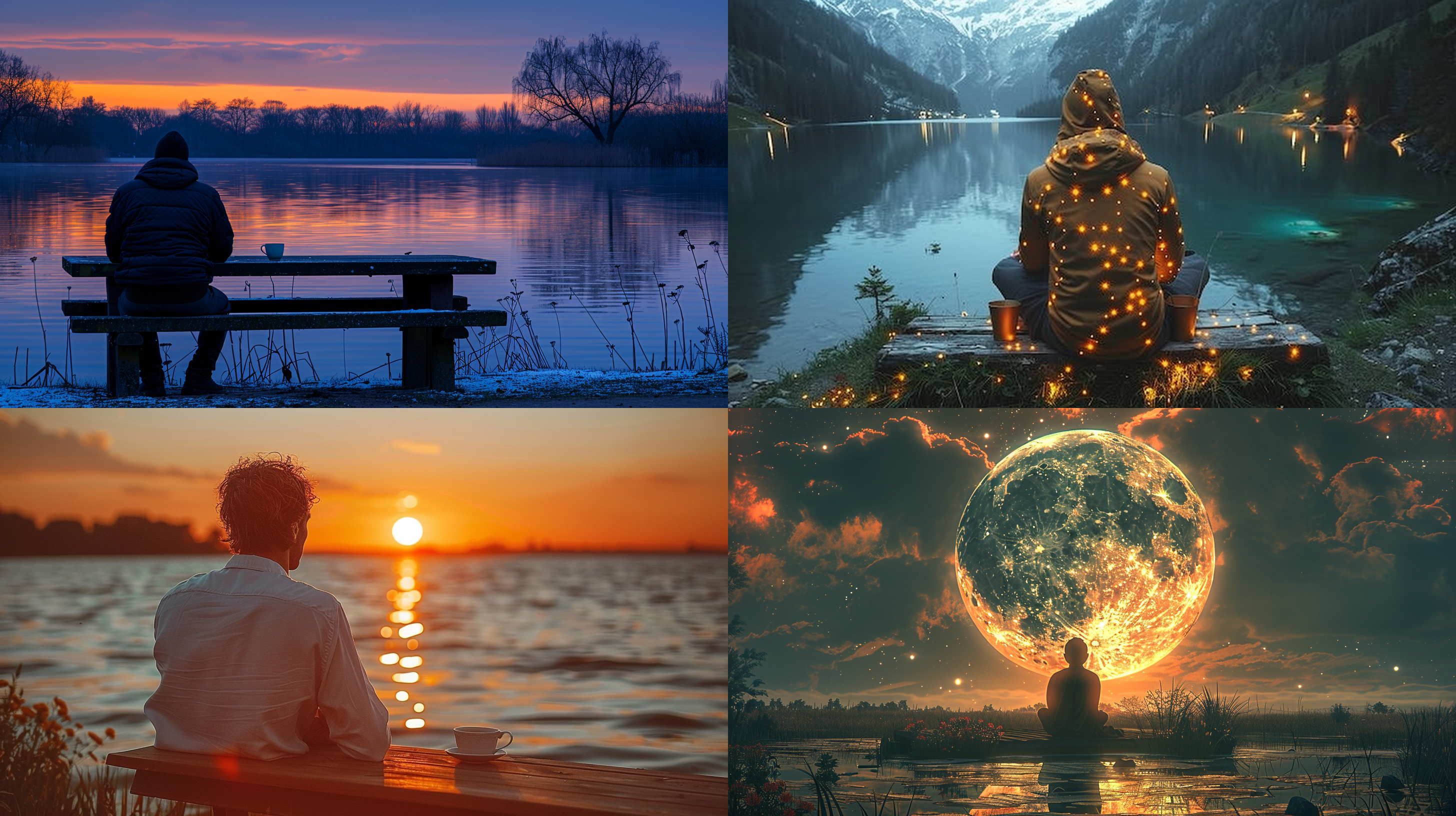 夜景，月光，大片湖泊，波光粼粼，湖畔草地，几朵野花，一张木桌，一个茶杯，一个男人望着湖面，暖调 湖边肖像，环境人像，静态，自然光，中景，定焦镜头，湖泊倒影，宁静，思考，孤独，温暖情绪。