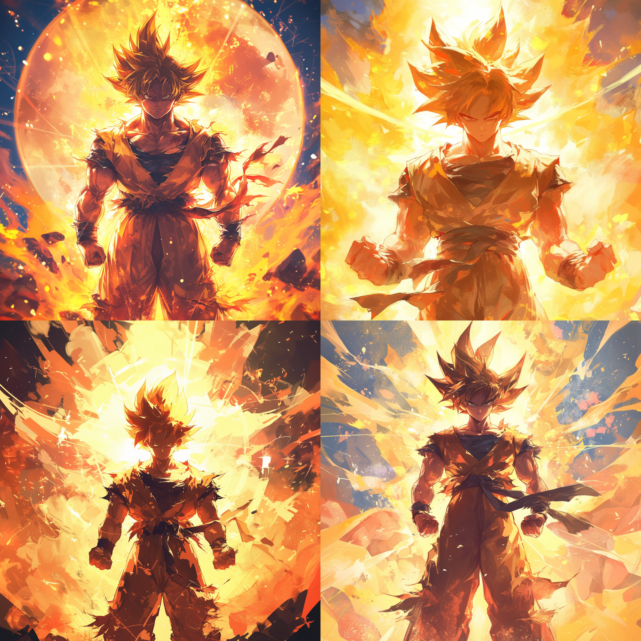 孙悟空变身为超级赛亚人，站在七龙珠的前面。画面采用了鲜艳的色彩，强烈的光影效果和细腻的线条描绘，呈现出动漫作品中的狂热氛围。孙悟空身穿战斗服，表情凝重，眼神中透露出坚定和力量。拍摄使用了广角镜头，突显出场景的宏伟和孙悟空的英雄形象。超级赛亚人状态下，孙悟空的金色发丝和气势磅礴的姿态让人震撼。