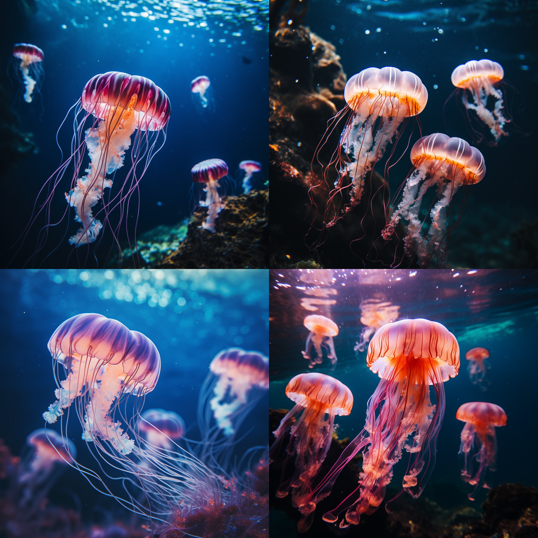水母，美丽的水下图像，逼真，超现实主义摄影，佳能35mm镜头，unsplash风格。