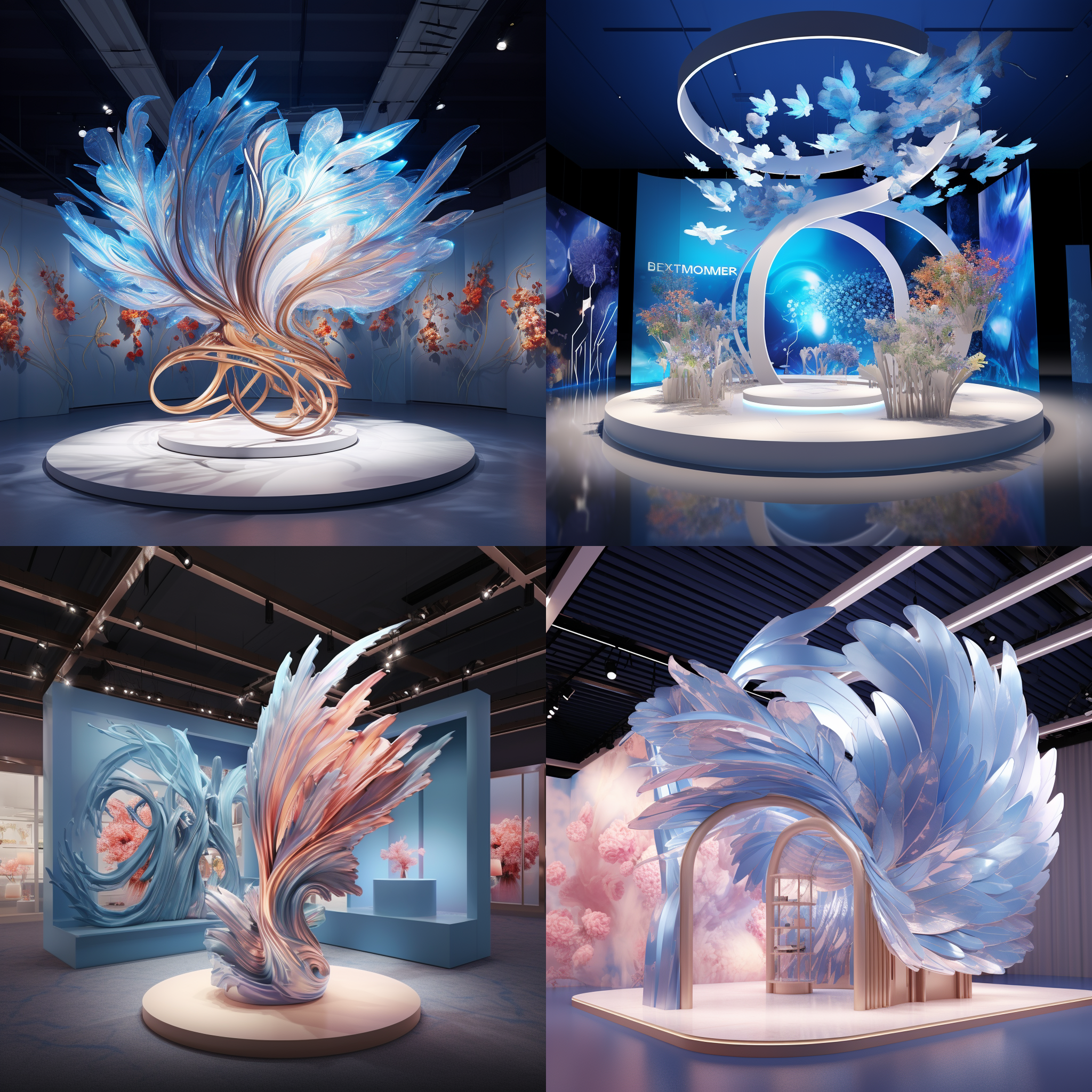 神话大鹏飞翔展台，现代艺术展台，高级品质，极简风格，立体建筑，宽广视角，明亮灯光，雕塑般的外观，花朵环绕成羽毛状，暖色调蓝色系，梦幻色彩