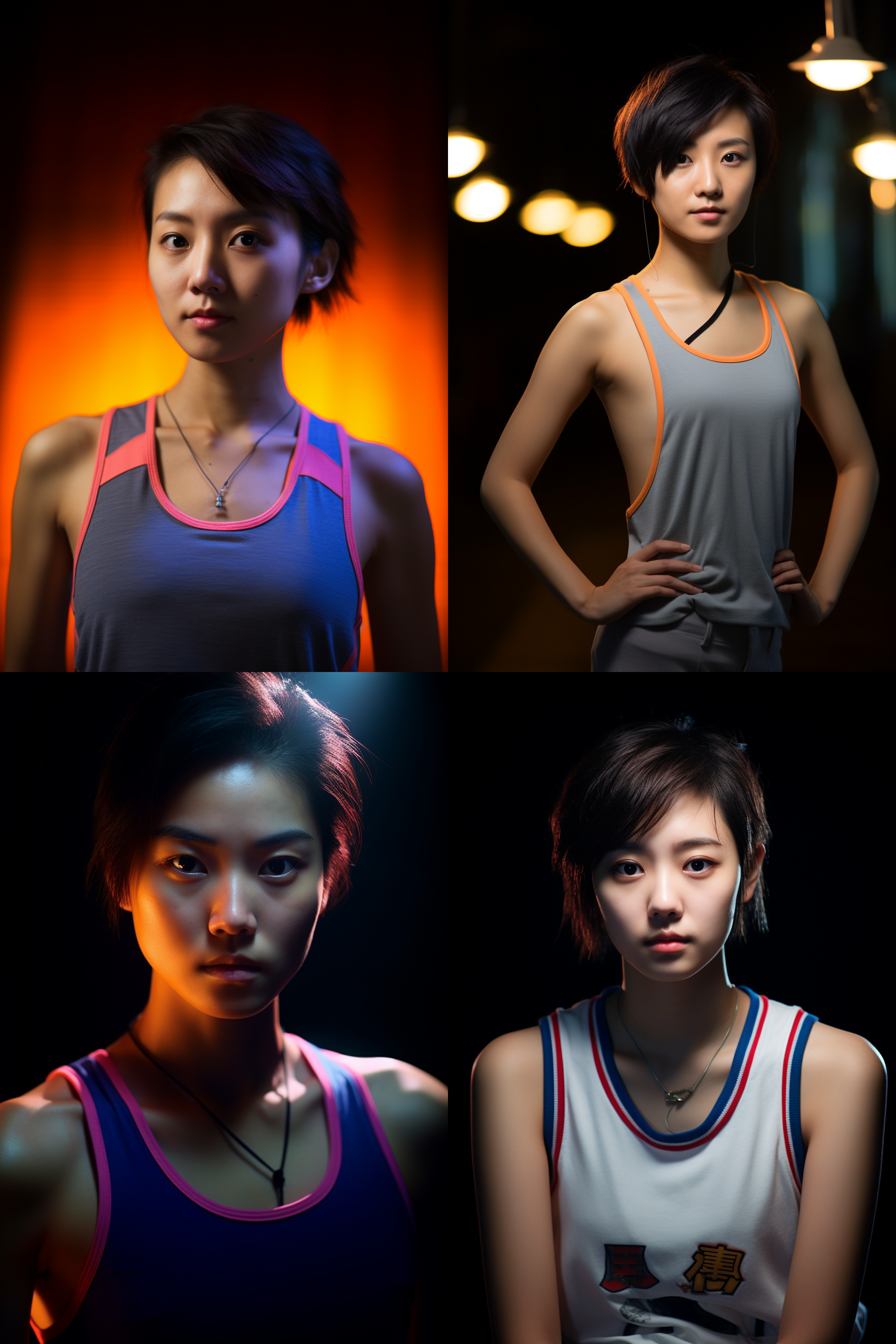 中国短发女孩，穿背心，明亮光线，摄影图 portrait of a chinese short-haired girl in a tank top, with bright lighting.