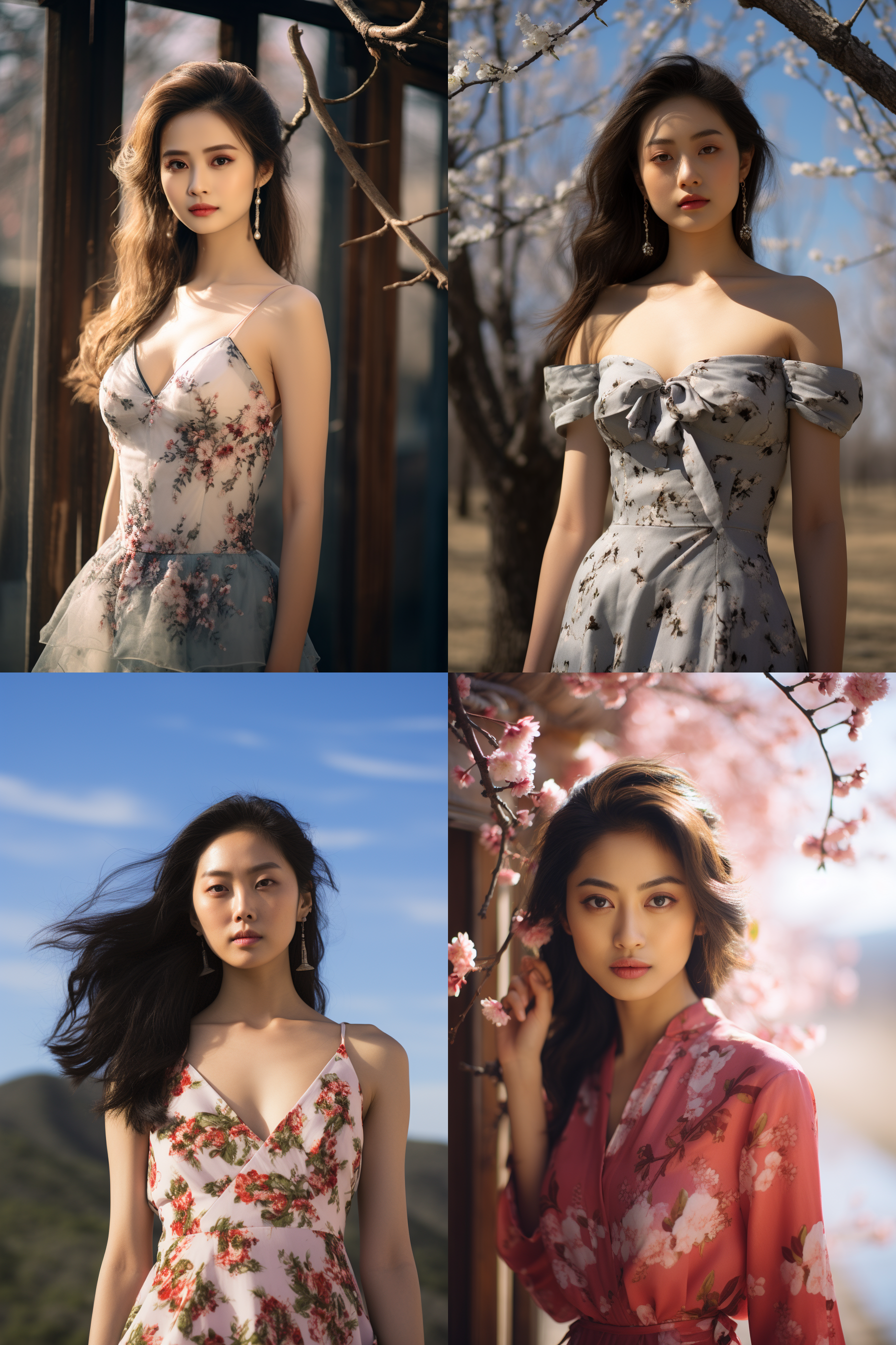 中国女孩，套裙服饰，春日摄影，明亮光线， 清新自然，户外风景，肖像模式，中焦镜头，自然姿态，