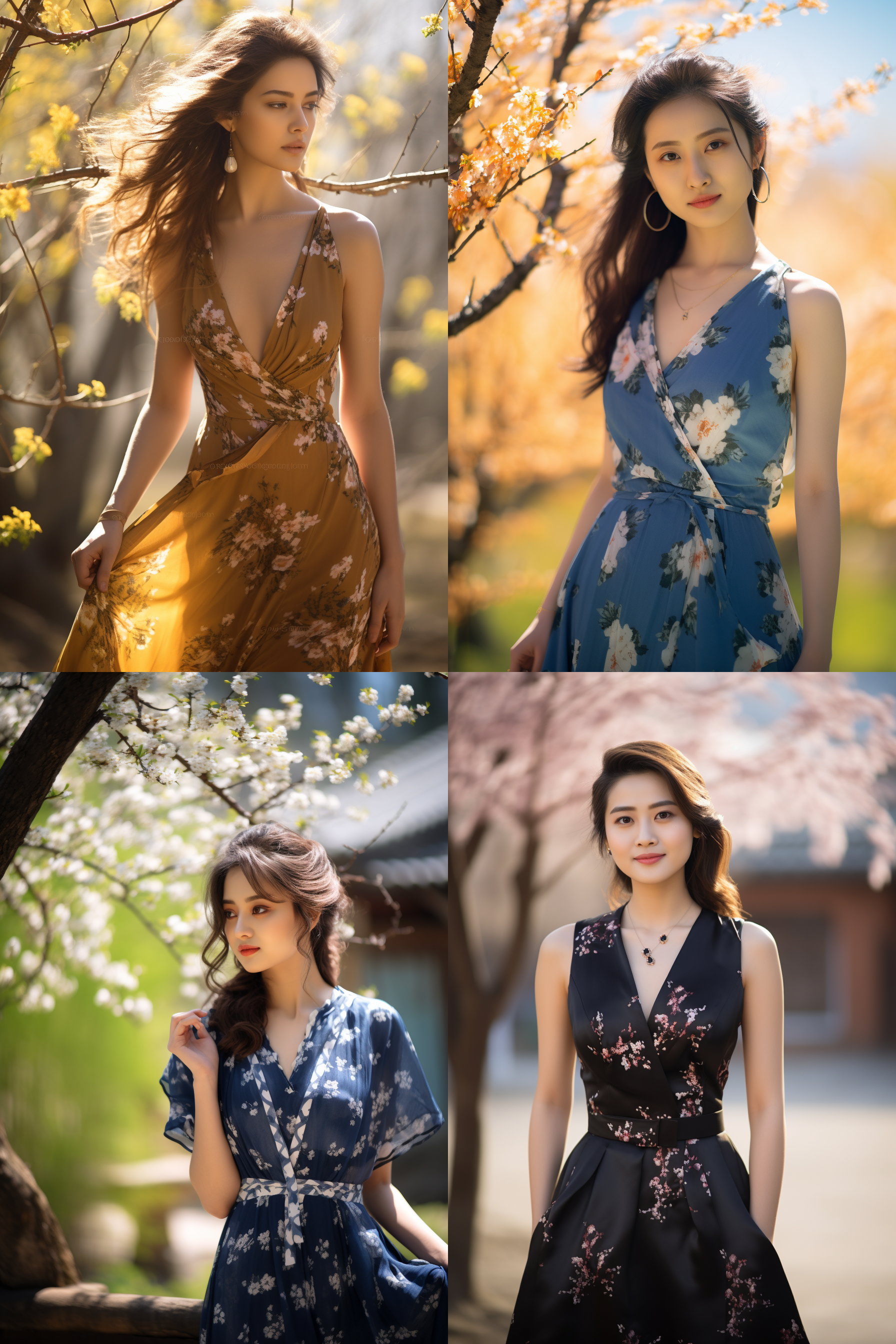 中国女孩，套裙服饰，春日摄影，明亮光线， 清新自然，户外风景，肖像模式，中焦镜头，自然姿态，