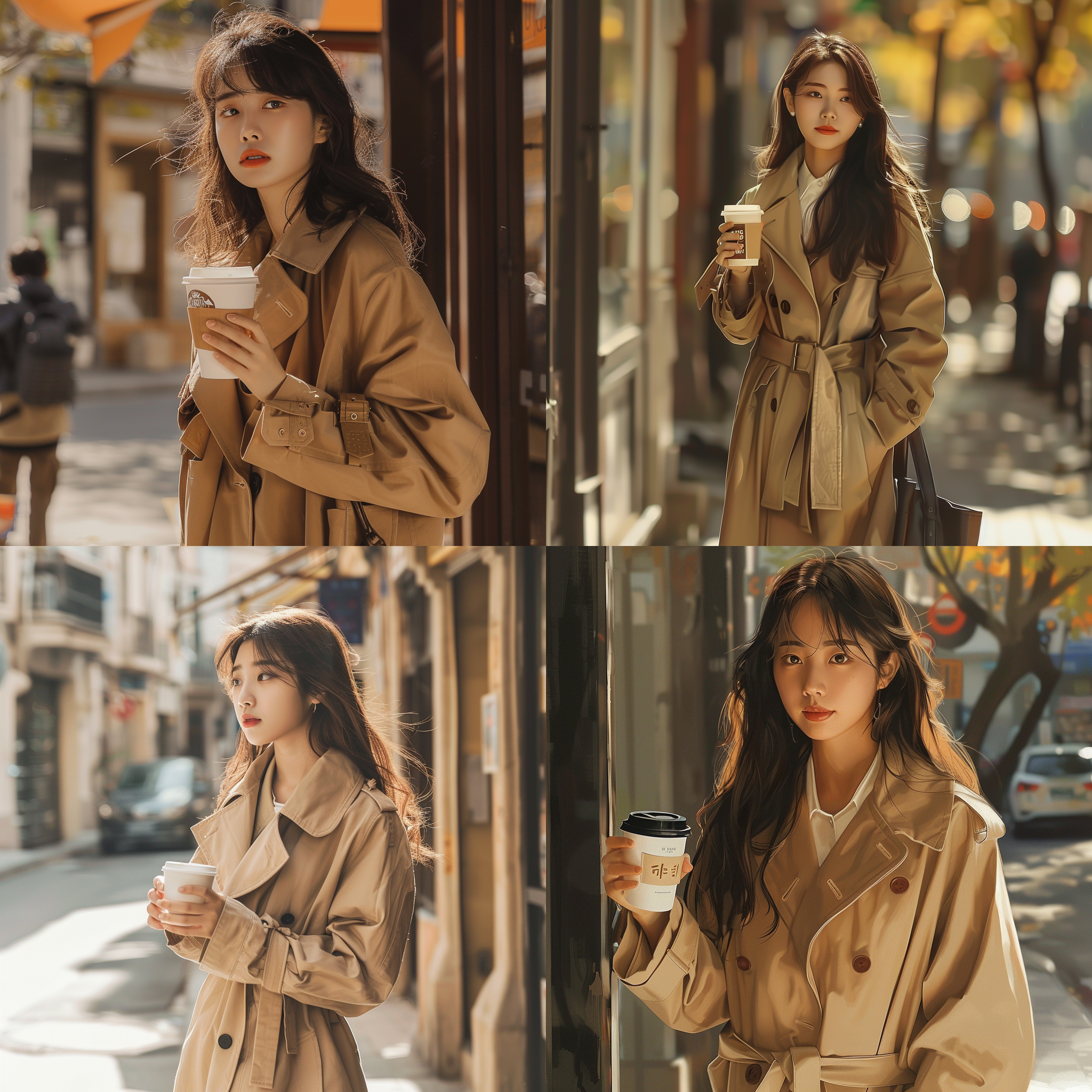 女孩穿风衣，金泰妍风格，手持拿铁，法式街景，阳光照射，真实风格，亚洲面孔，全身照，暖色调，街头摄影，陶瓷杯，自然表情，轻松愉悦。